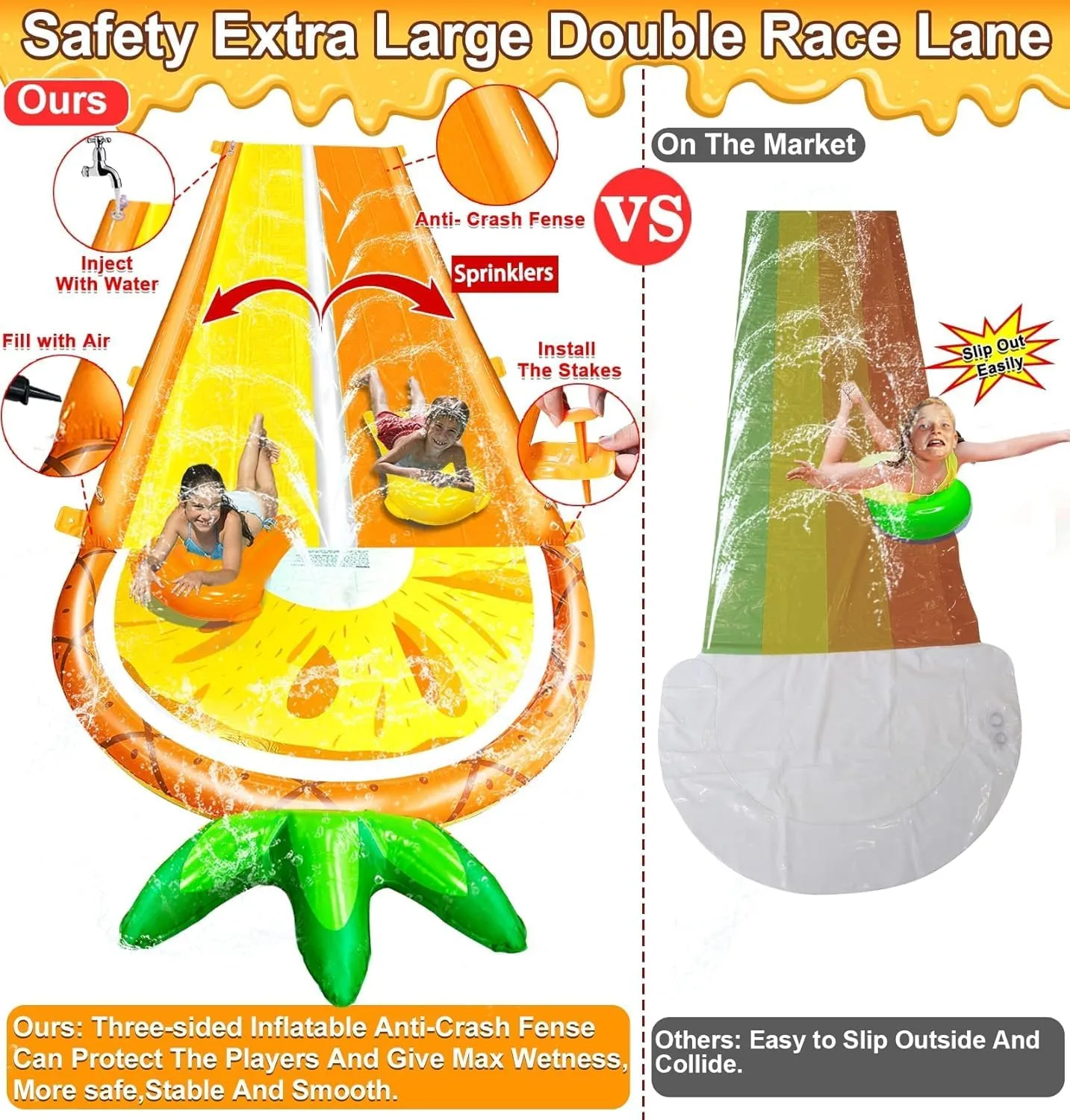 [ 3 Sided Safe Fence ] Pineapple Lawn Water Slides with 2 Bodyboards for Kids Adults, Heavy Duty Water Toys Sprinkler 2 Race Lane Outdoor Summer Beach Swimming Pool Water Game Party, 18 x 5.6 ft
