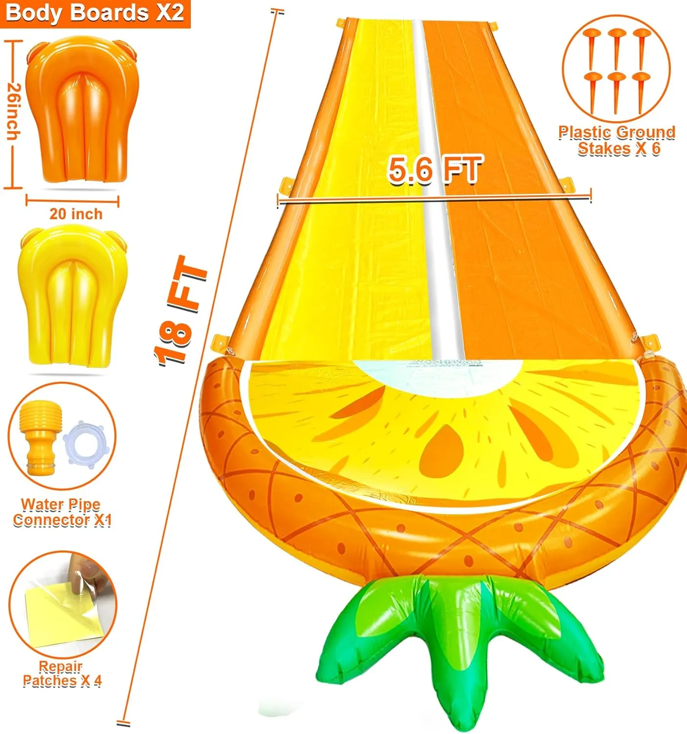 [ 3 Sided Safe Fence ] Pineapple Lawn Water Slides with 2 Bodyboards for Kids Adults, Heavy Duty Water Toys Sprinkler 2 Race Lane Outdoor Summer Beach Swimming Pool Water Game Party, 18 x 5.6 ft