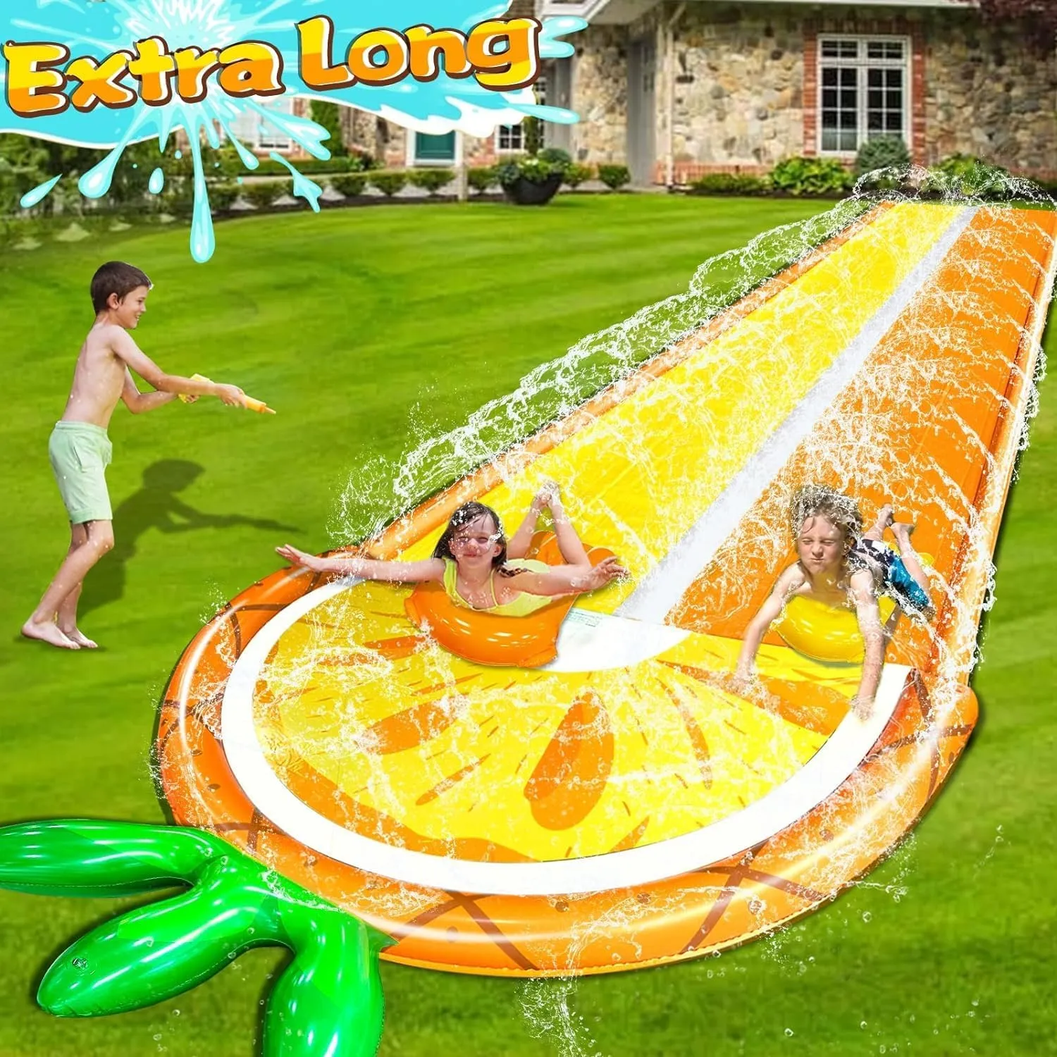 [ 3 Sided Safe Fence ] Pineapple Lawn Water Slides with 2 Bodyboards for Kids Adults, Heavy Duty Water Toys Sprinkler 2 Race Lane Outdoor Summer Beach Swimming Pool Water Game Party, 18 x 5.6 ft