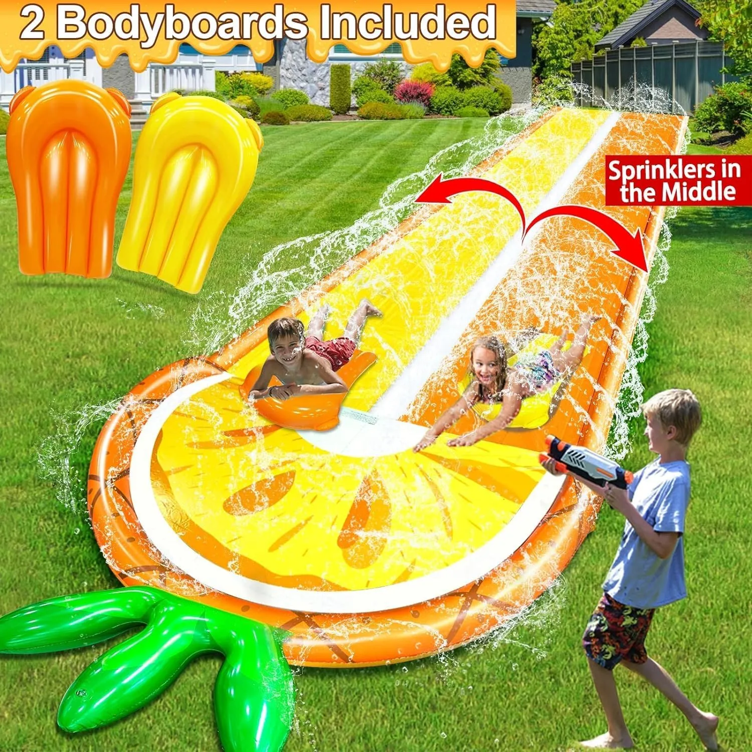 [ 3 Sided Safe Fence ] Pineapple Lawn Water Slides with 2 Bodyboards for Kids Adults, Heavy Duty Water Toys Sprinkler 2 Race Lane Outdoor Summer Beach Swimming Pool Water Game Party, 18 x 5.6 ft