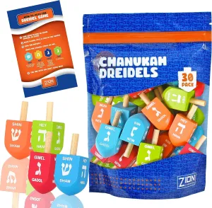 100 Pack Available (30) Zion Judaica Colored Wood Dreidels Medium Sized in represent Bulk Pack in Ziplock Bag 30 and 