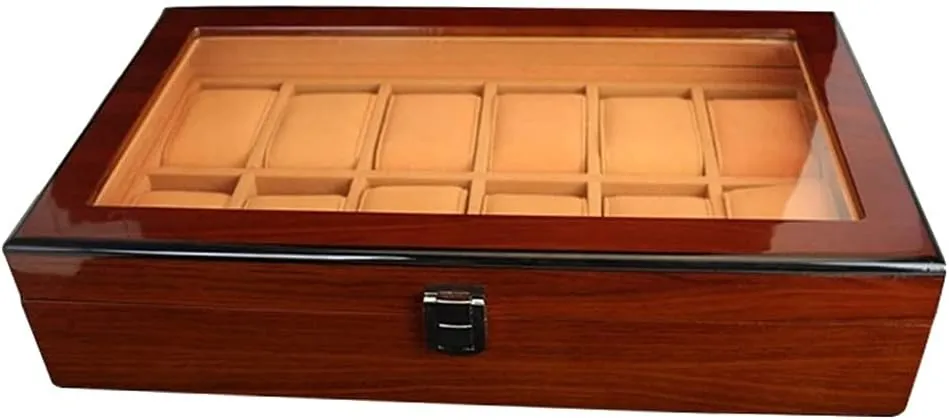 12 Slots Wood Box expanse prairie eloquently pigeon prospector subsist with Large Clear Glass top Vision Watch Gift Box Mens Jewellery Box Wooden Watch Box case Organizer Display for Men Women, 