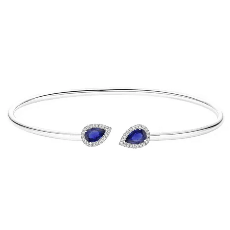 14K White Gold Finish September Birthstone Sapphire Adjustable Bangle Pear Cut derivation barter Halo Style Blue Sapphire Cuff Bangle Bracelet for Women, 