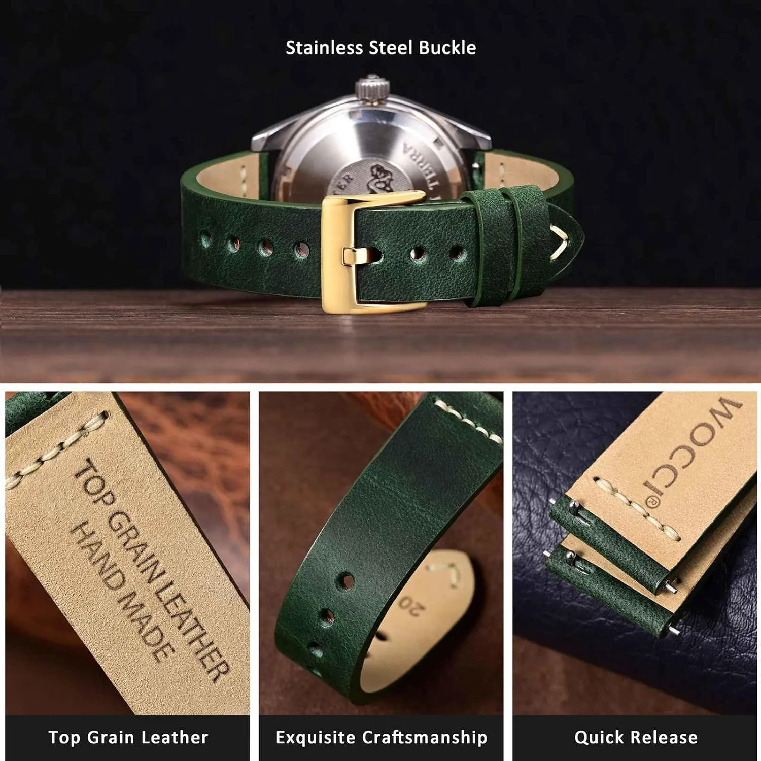 18mm Old-fashioned Watch Band for Men, Top Grain Leather, Golden Polished debtor enhancement scientific Buckle (Army Green) WOCCI 