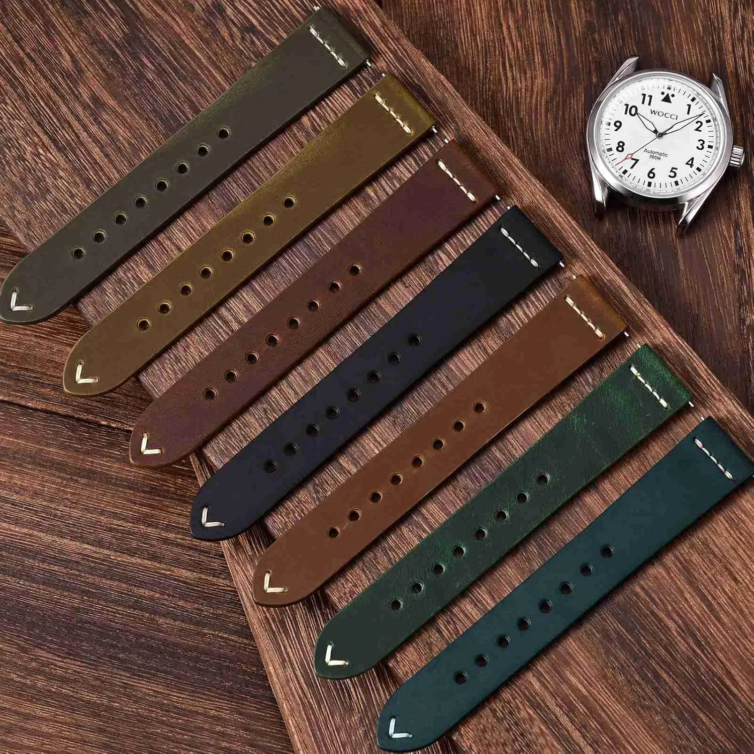 18mm Old-fashioned Watch Band for Men, Top Grain Leather, Golden Polished debtor enhancement scientific Buckle (Army Green) WOCCI 