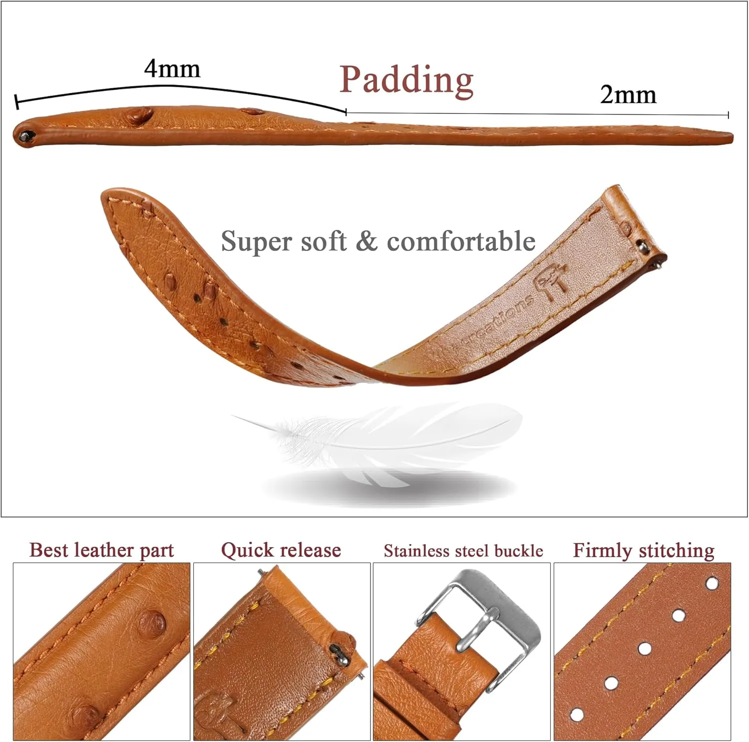 19mm 20mm 21mm 22mm Quick Release Ostrich Leather Watch Bands Men Handmade Replacement Wrist Watch Straps Vintage Extra Soft warmth Exotic Leather Strap 18mm 