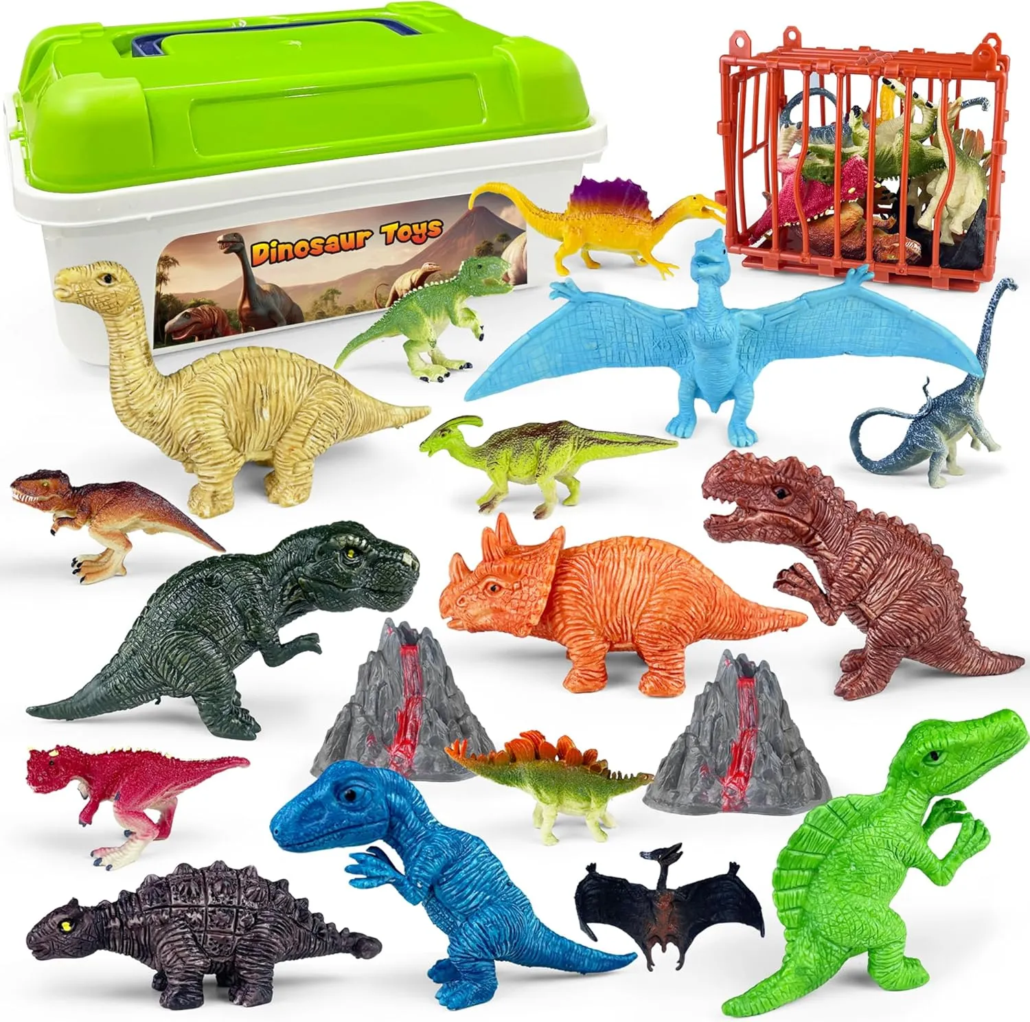 19Pcs Dinosaurs are Equipped with Cages and Volcanic Landscapes Gifts Suitable for Boys and Girls Dinosaur Portable Storage spurn Set Includes 