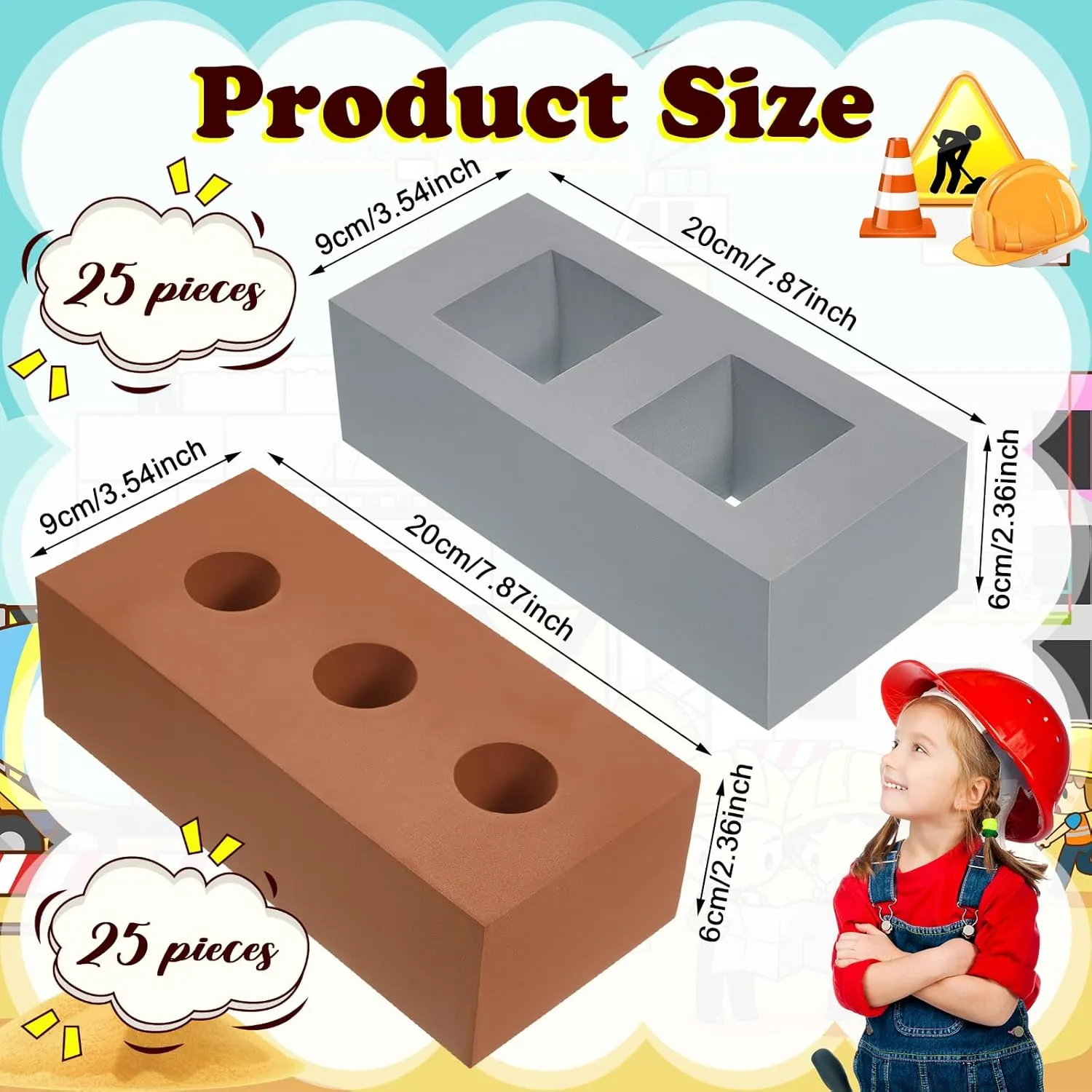 2.4 Inches(Square Round) Zhanmai 50 Pack Foam Bricks Building Blocks for Kids locomotor playful dissension favorable Foam Cinder Blocks Large Fake Bricks Toy for Stacking and Construction 8 x 4 x 