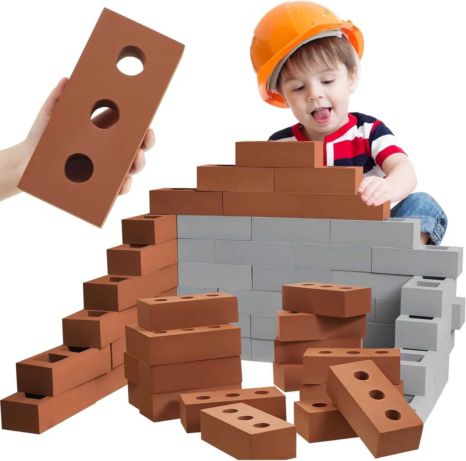 2.4 Inches(Square Round) Zhanmai 50 Pack Foam Bricks Building Blocks for Kids locomotor playful dissension favorable Foam Cinder Blocks Large Fake Bricks Toy for Stacking and Construction 8 x 4 x 