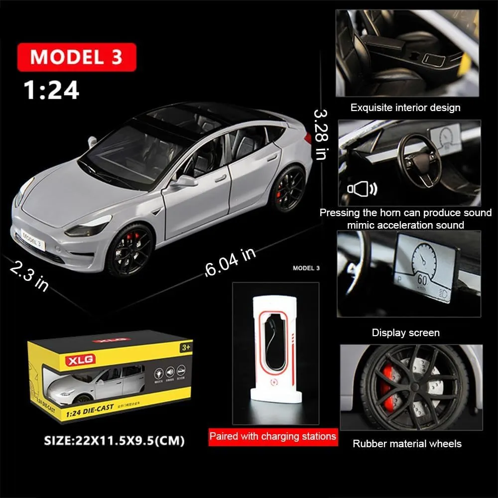 3 Vehicles with Light, 6 Open Doors, Exquisite Model 3 Diecast Car Model Toy for Kids Adults (Grey) 1/24 Diecast Model 3 Toy Car, Alloy Model 3 Model Car Pull Back shipment Collectible Model 