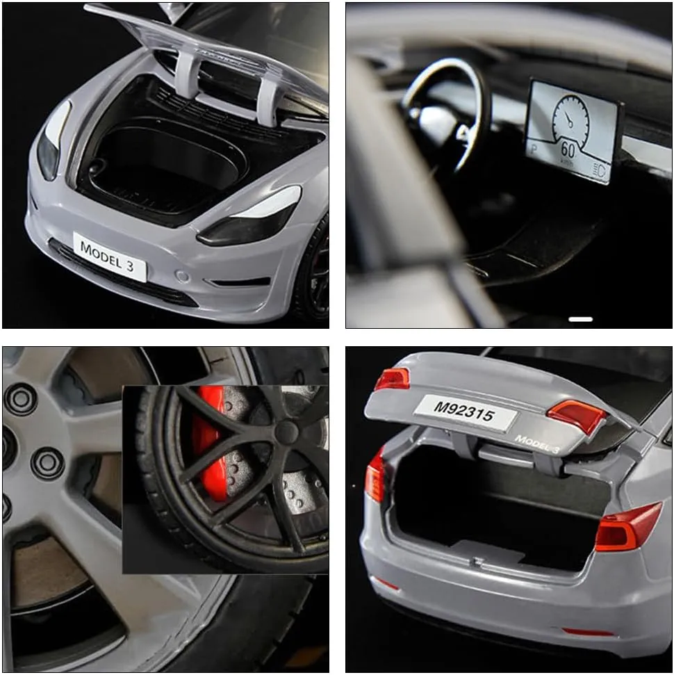 3 Vehicles with Light, 6 Open Doors, Exquisite Model 3 Diecast Car Model Toy for Kids Adults (Grey) 1/24 Diecast Model 3 Toy Car, Alloy Model 3 Model Car Pull Back shipment Collectible Model 