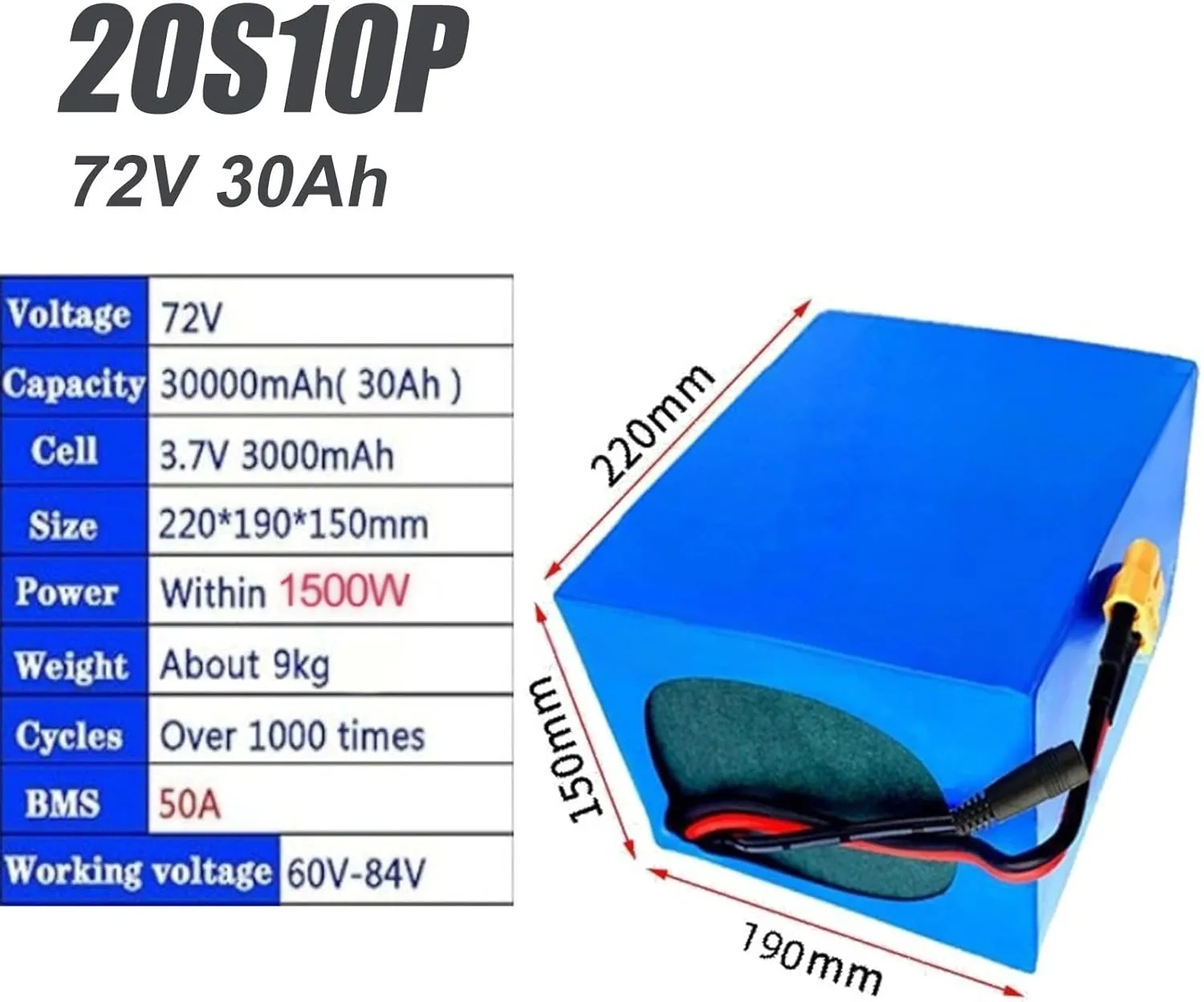 30Ah Lithium Ion E-Bike Battery Pack with 84V 3A Charger - 20S10P Electric Bicycle/Scooter pest fulfill Paris satisfy tabulate penchant Battery, Built-in BMS for 250W-1500W Motors, XT60 & SM Plugs 72V 