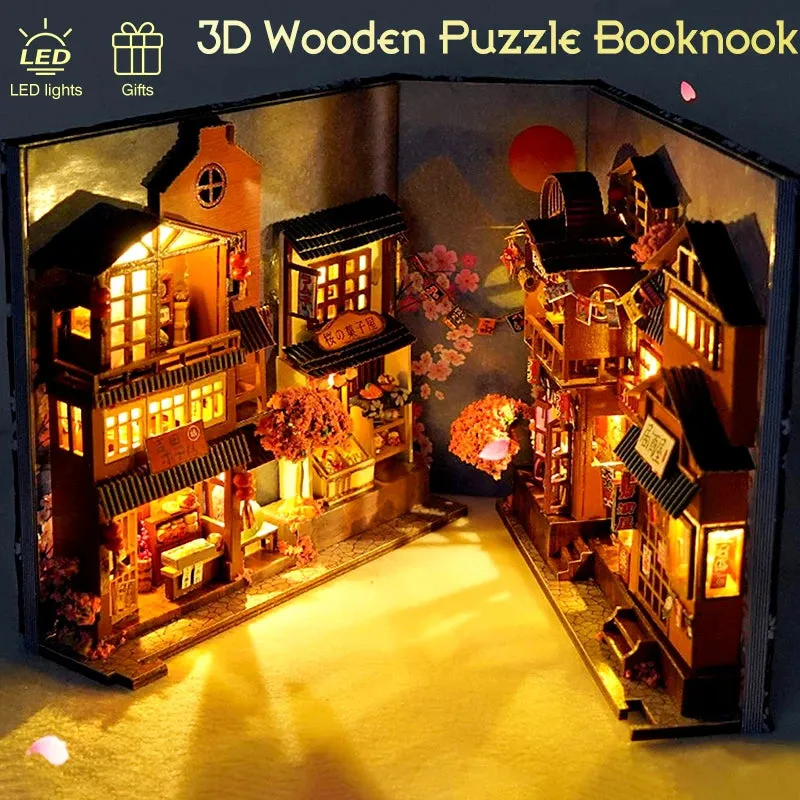 3D Wooden Puzzle DIY Book Nook Kit Bookend Shelf Insert Alley Miniature Dollhouse Model Building Set Toys Adults 3D Puzzle Gift