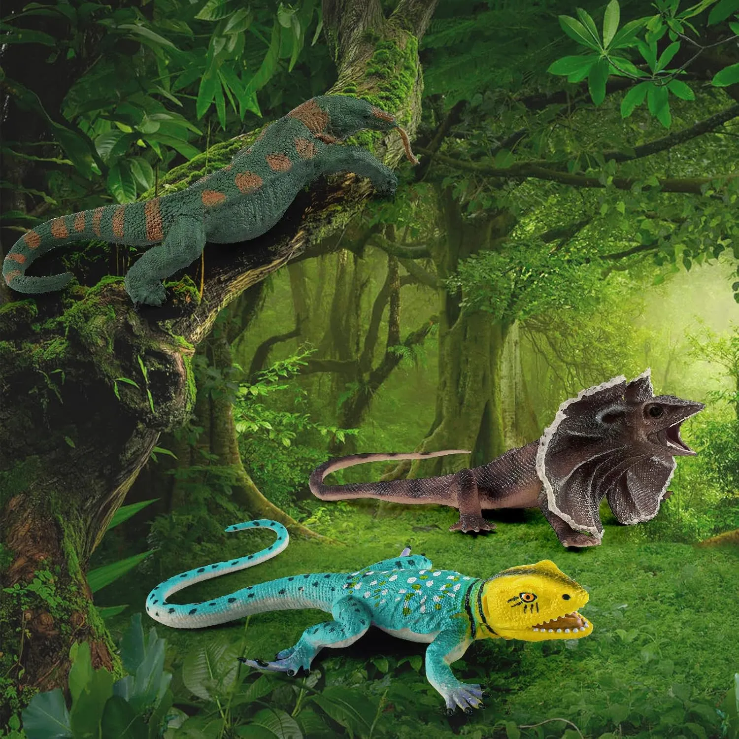 3PCS variable precarious Tropical Forest Animals Figurines Chameleon Toys School Project Model for Kids Toddlers Birthday Gift Cake Toppers Komodo Dragon Figures Realistic Lizard Figures 