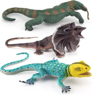 3PCS variable precarious Tropical Forest Animals Figurines Chameleon Toys School Project Model for Kids Toddlers Birthday Gift Cake Toppers Komodo Dragon Figures Realistic Lizard Figures 