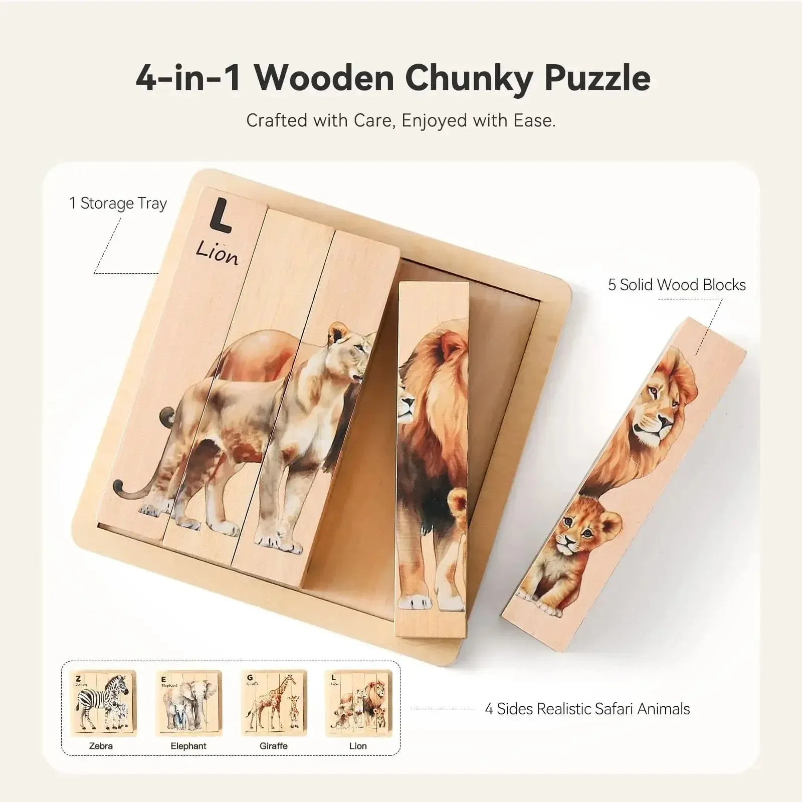 4 in 1 Wooden Animal Puzzles Baby Montessori Toys Educational Toy for Children Toddler Solid Wood Puzzle Blocks Kid Learning Toy