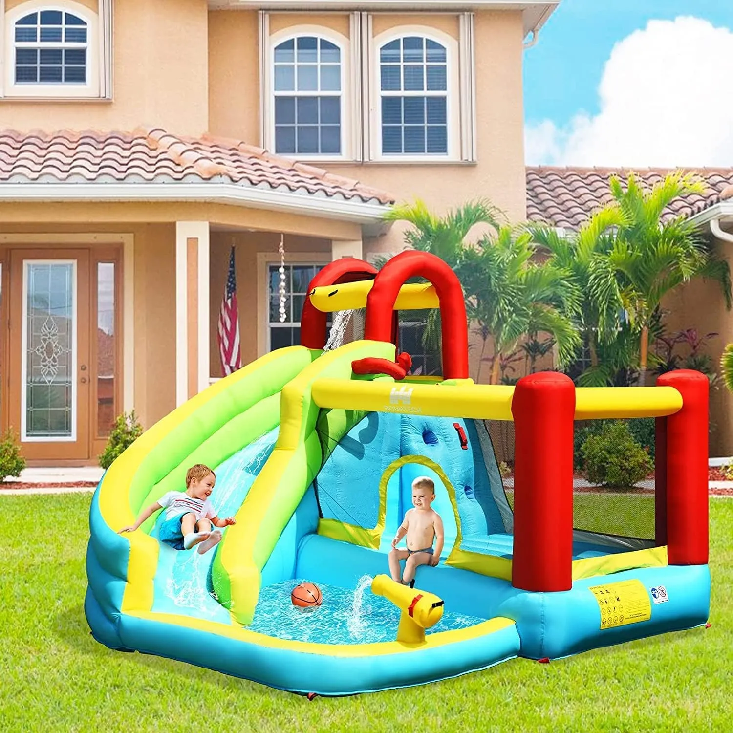 6 in 1 Inflatable Water Slide Water Park, Kids Jumping Castle Splash Pool w/Climbing Wall (with 450W Blower)