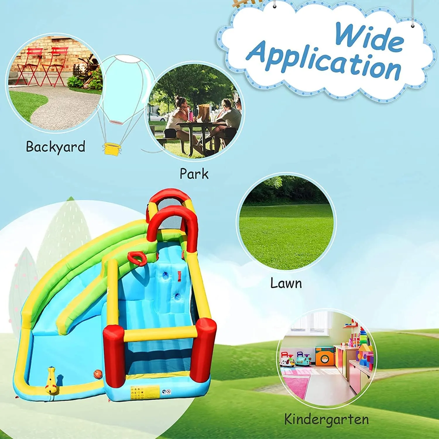 6 in 1 Inflatable Water Slide Water Park, Kids Jumping Castle Splash Pool w/Climbing Wall