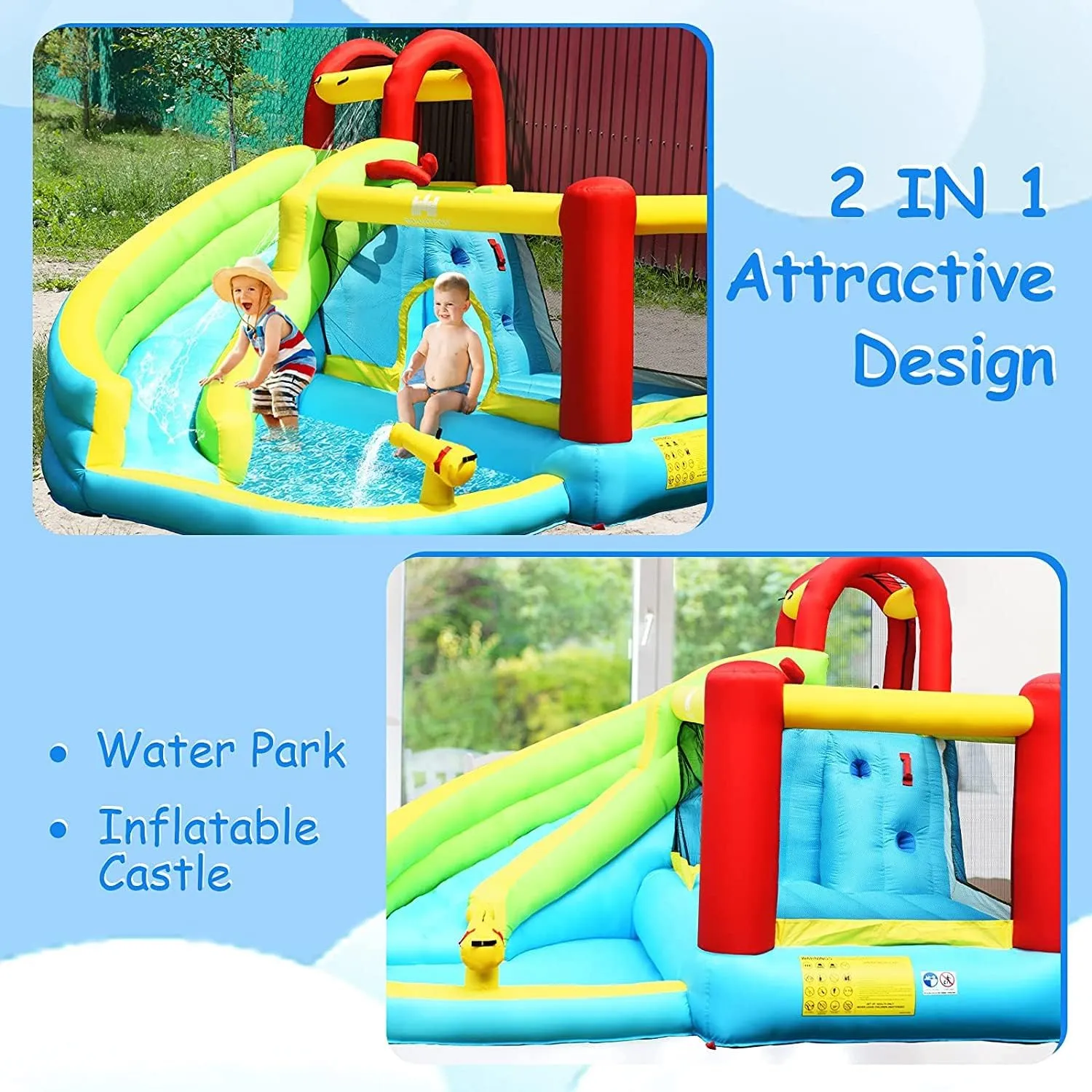 6 in 1 Inflatable Water Slide Water Park, Kids Jumping Castle Splash Pool w/Climbing Wall