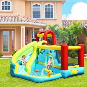 6 in 1 Inflatable Water Slide Water Park, Kids Jumping Castle Splash Pool w/Climbing Wall