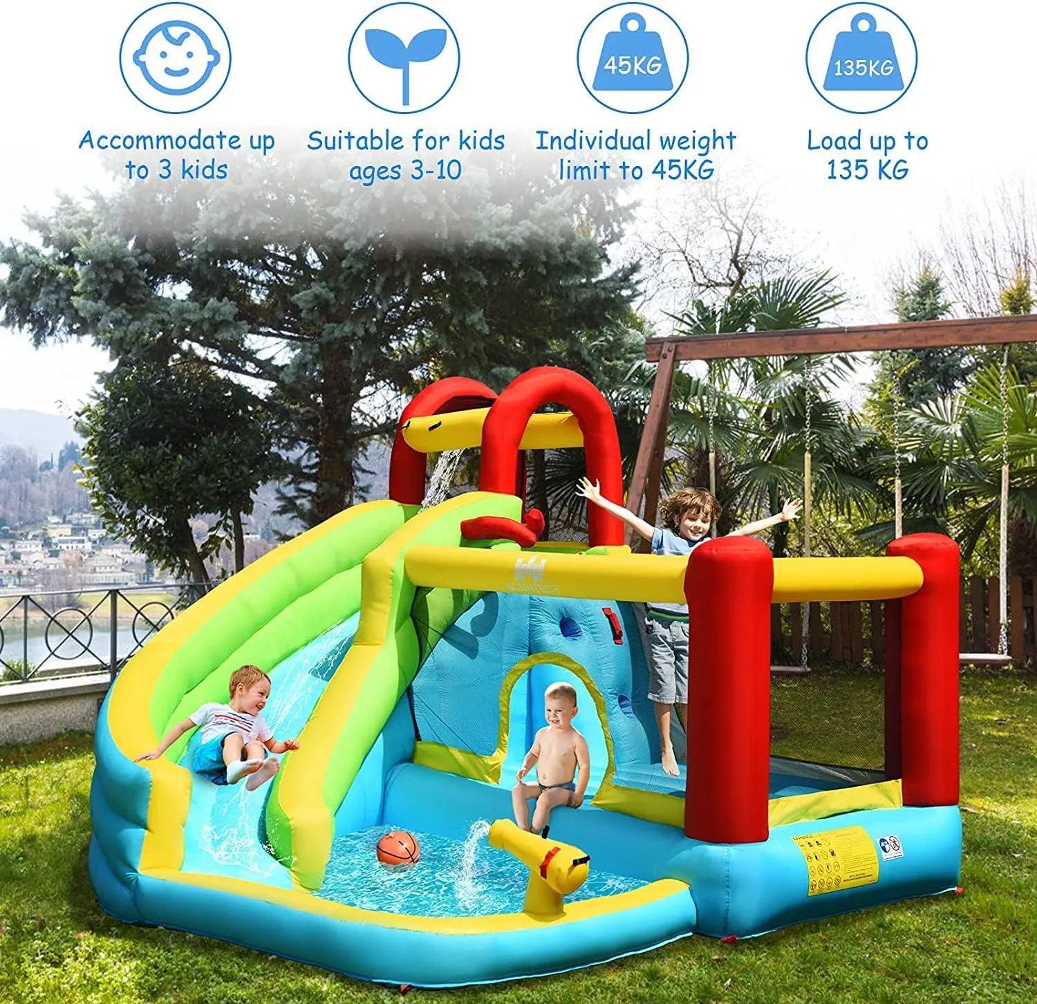 6 in 1 Inflatable Water Slide Water Park, Kids Jumping Castle Splash Pool w/Climbing Wall