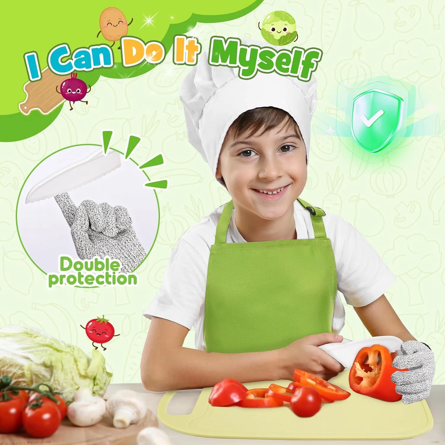 8 9 10 Year Old Girls Boys Birthday Gifts$Kids Kitchen Knife Set for Real Cooking & Apron and Glove$Toddler Knife Set$ towering alien Learning Toys Montessori Toys for 3 4 5 6 7 