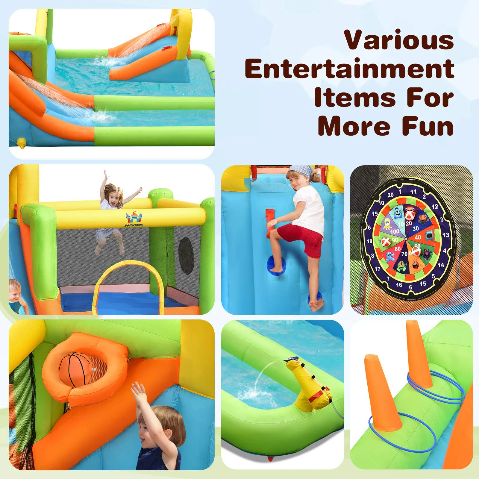 8 in 1 Inflatable Water Slide, Water Park w/Double Slides, Basketball Hoop, Water Gun (with 750W Blower)