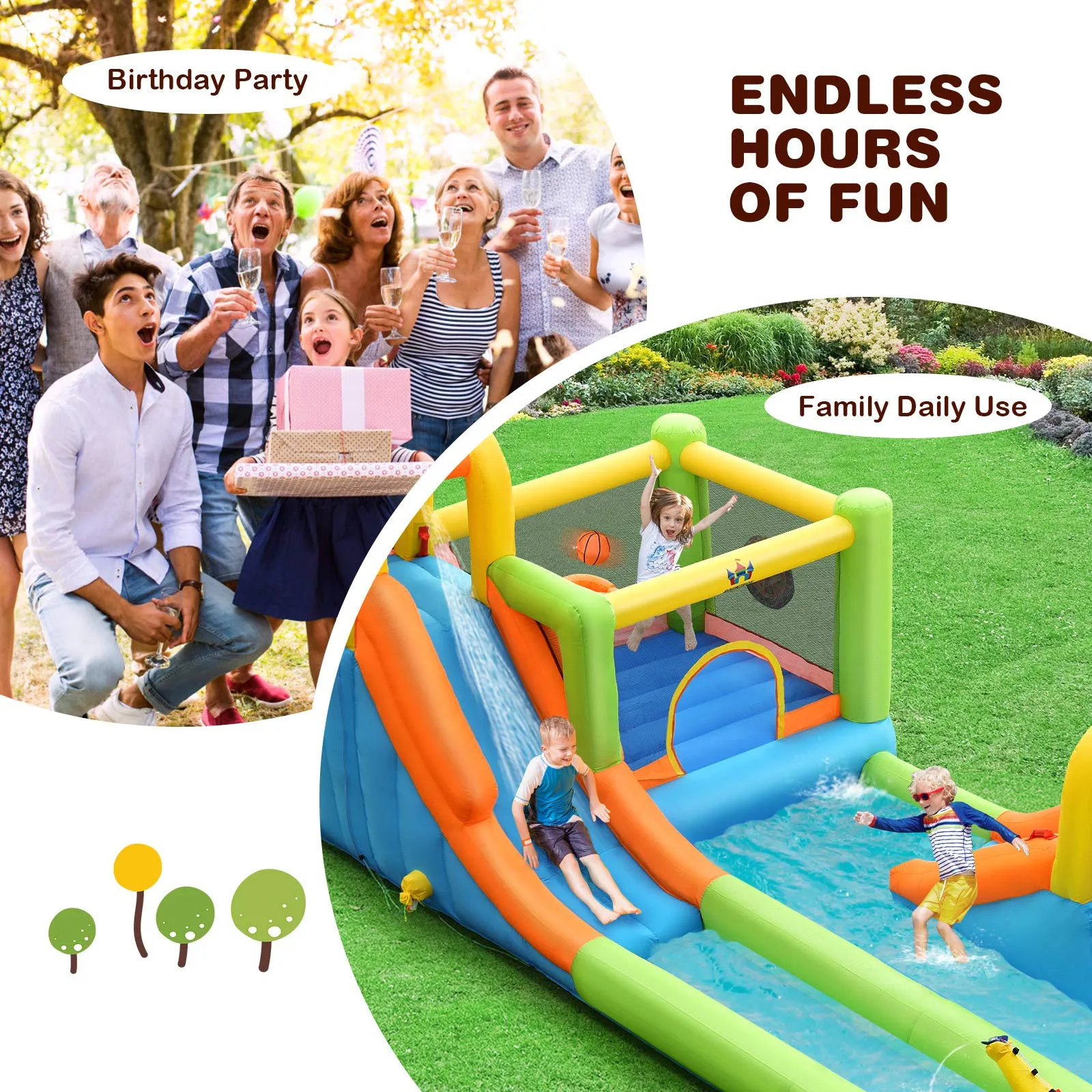 8 in 1 Inflatable Water Slide, Water Park w/Double Slides, Basketball Hoop, Water Gun (with 750W Blower)