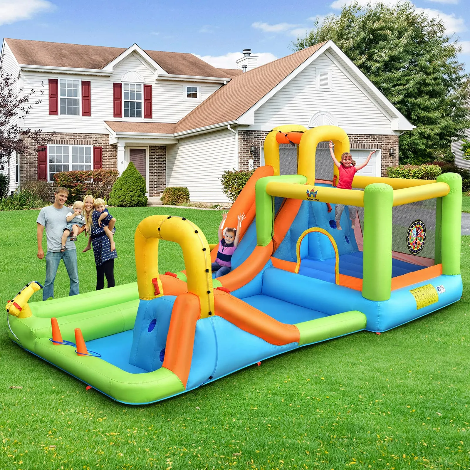 8 in 1 Inflatable Water Slide, Water Park w/Double Slides, Basketball Hoop, Water Gun (with 750W Blower)