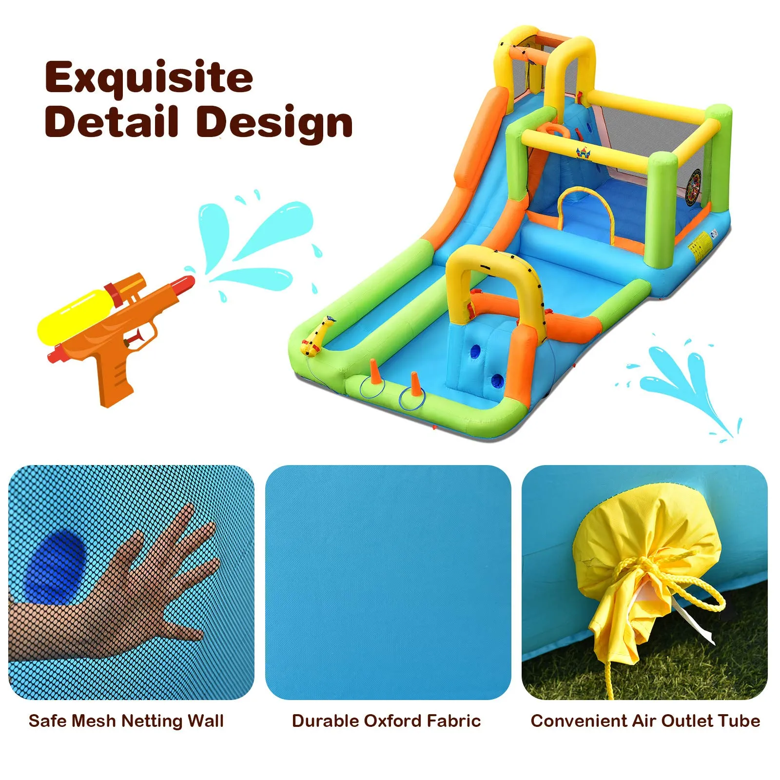 8 in 1 Inflatable Water Slide, Water Park w/Double Slides, Basketball Hoop, Water Gun (with 750W Blower)