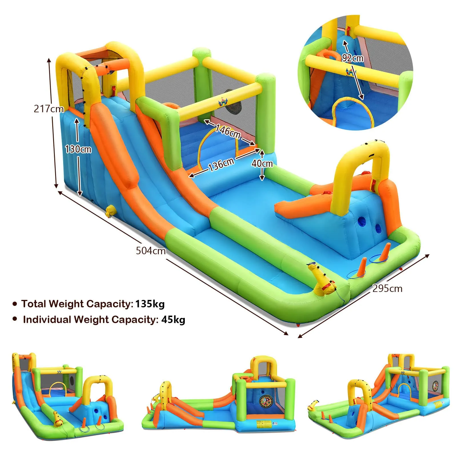 8 in 1 Inflatable Water Slide, Water Park w/Double Slides, Basketball Hoop, Water Gun (with 750W Blower)