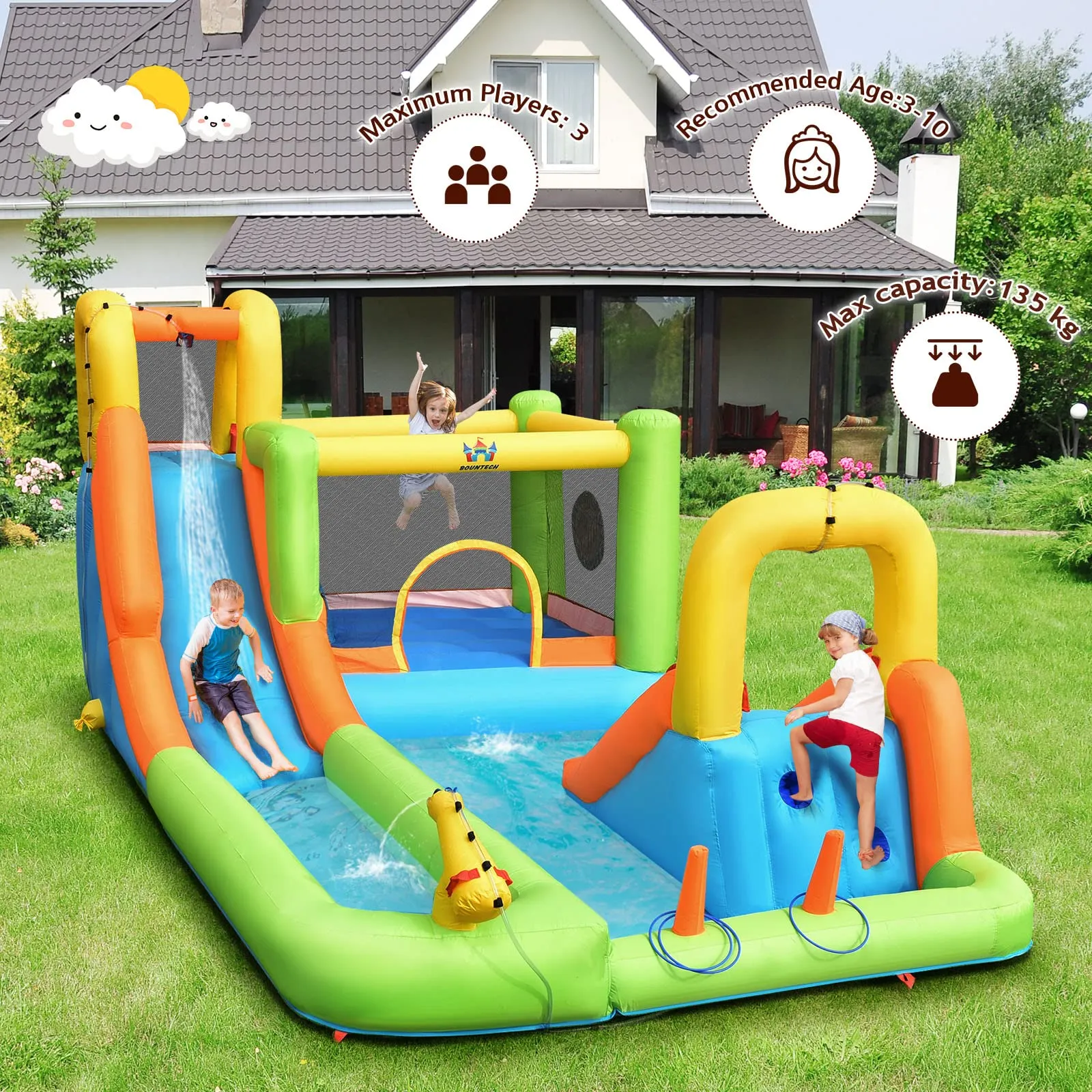 8 in 1 Inflatable Water Slide, Water Park w/Double Slides, Basketball Hoop, Water Gun (with 750W Blower)