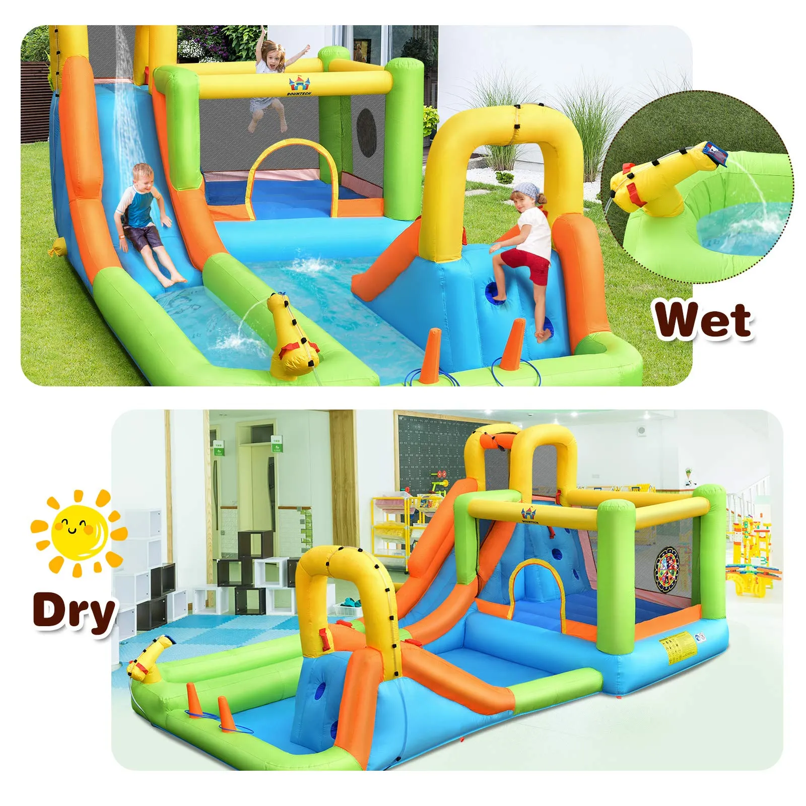 8 in 1 Inflatable Water Slide, Water Park w/Double Slides, Basketball Hoop, Water Gun (with 750W Blower)