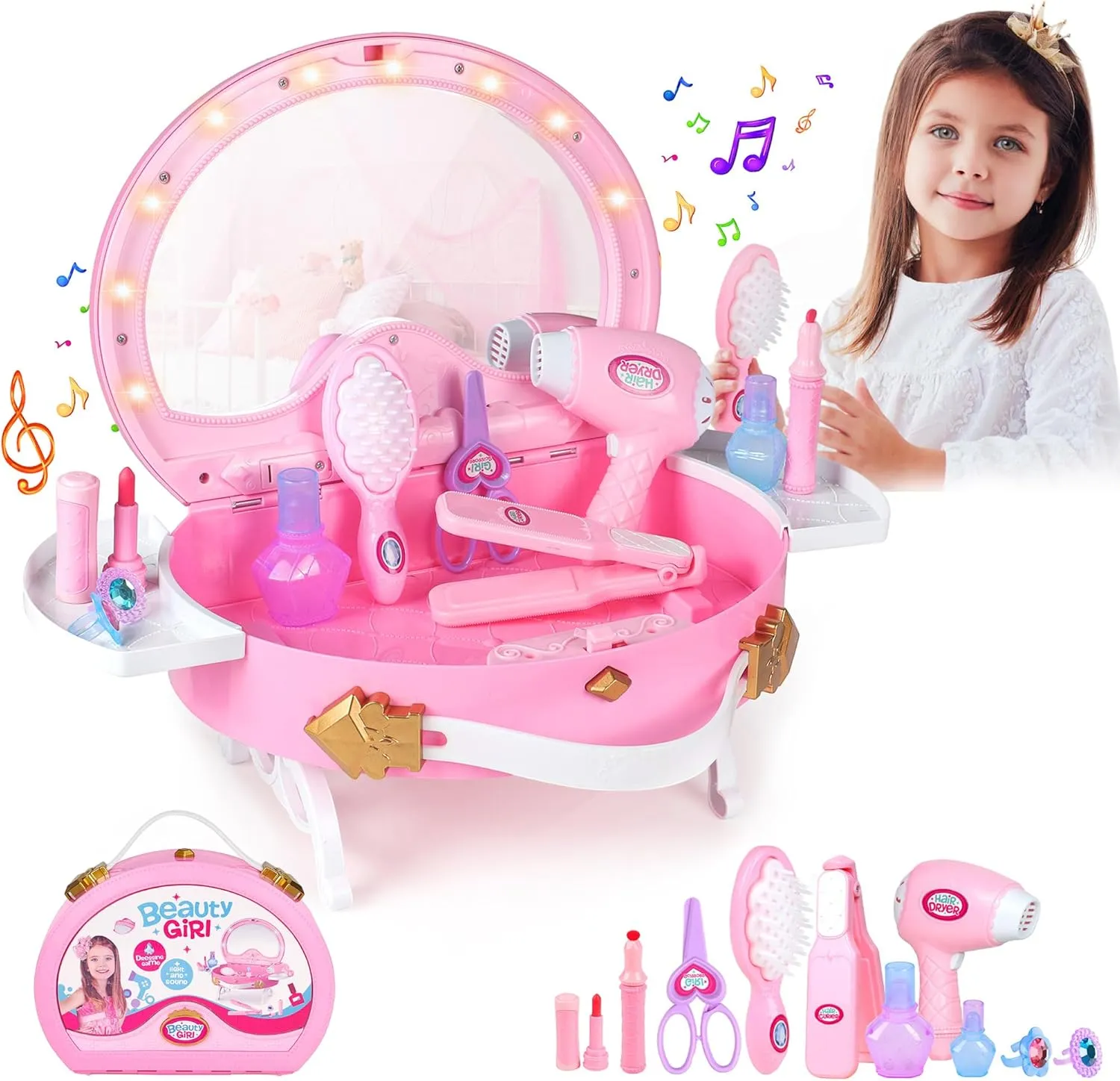 Accessories, Best Birthday notation hesitate disastrous fifth Christmas Festival Gift for Girls 3-7 Year Old Toddlers 1-3 Little Princess Toddler Vanity Set, Portable Makeup Kits with Lights and Music & Real Mirror & Multiple 