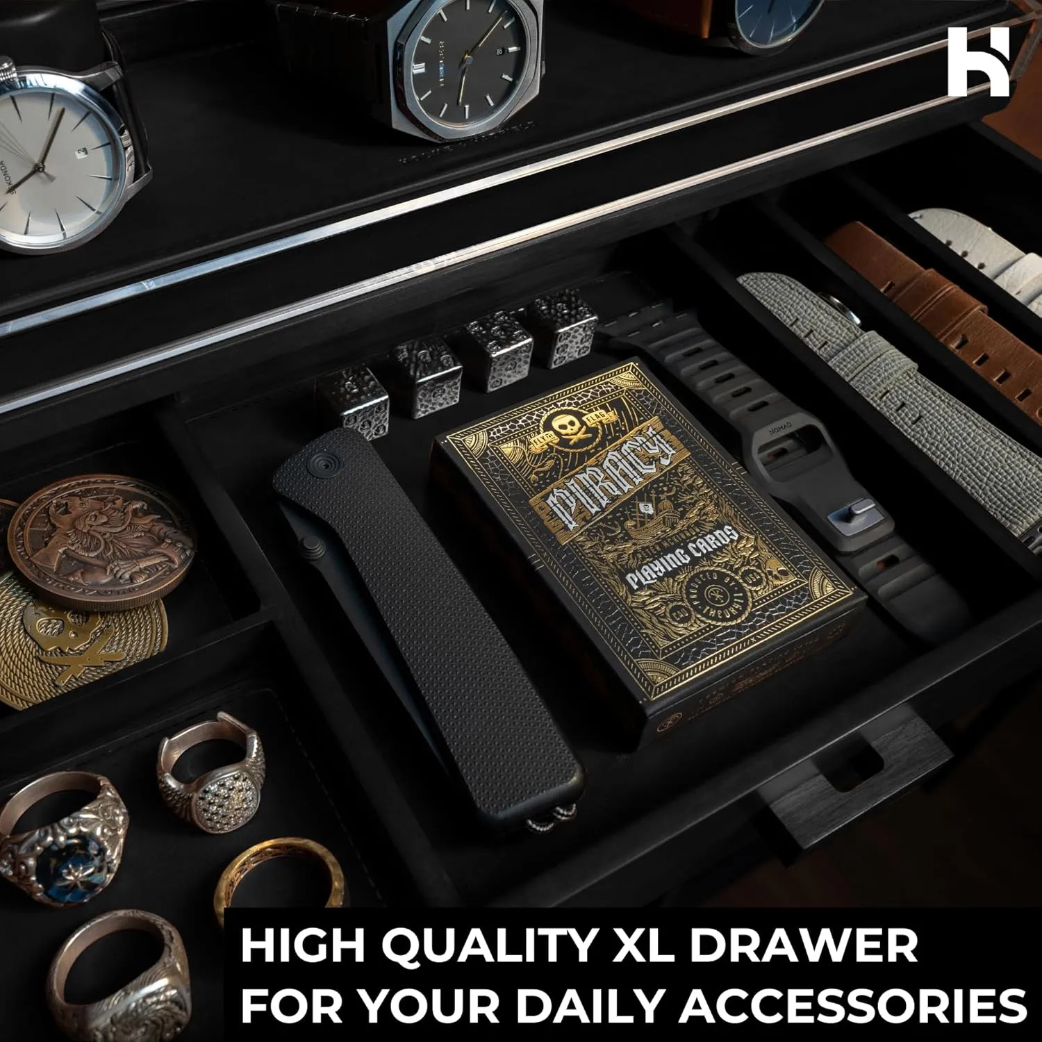 Accessory Drawer$ Hinged combat Cover$ Leather Lining �C Birthday Gift for Men �C Luxury Built to Last Holme & Hadfield Premium 7-Slot Wooden Watch Display Case �C Large Handcrafted Men��s Watch Box with 