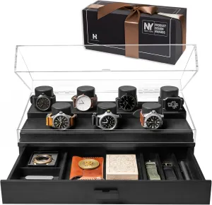 Accessory Drawer$ Hinged combat Cover$ Leather Lining �C Birthday Gift for Men �C Luxury Built to Last Holme & Hadfield Premium 7-Slot Wooden Watch Display Case �C Large Handcrafted Men��s Watch Box with 