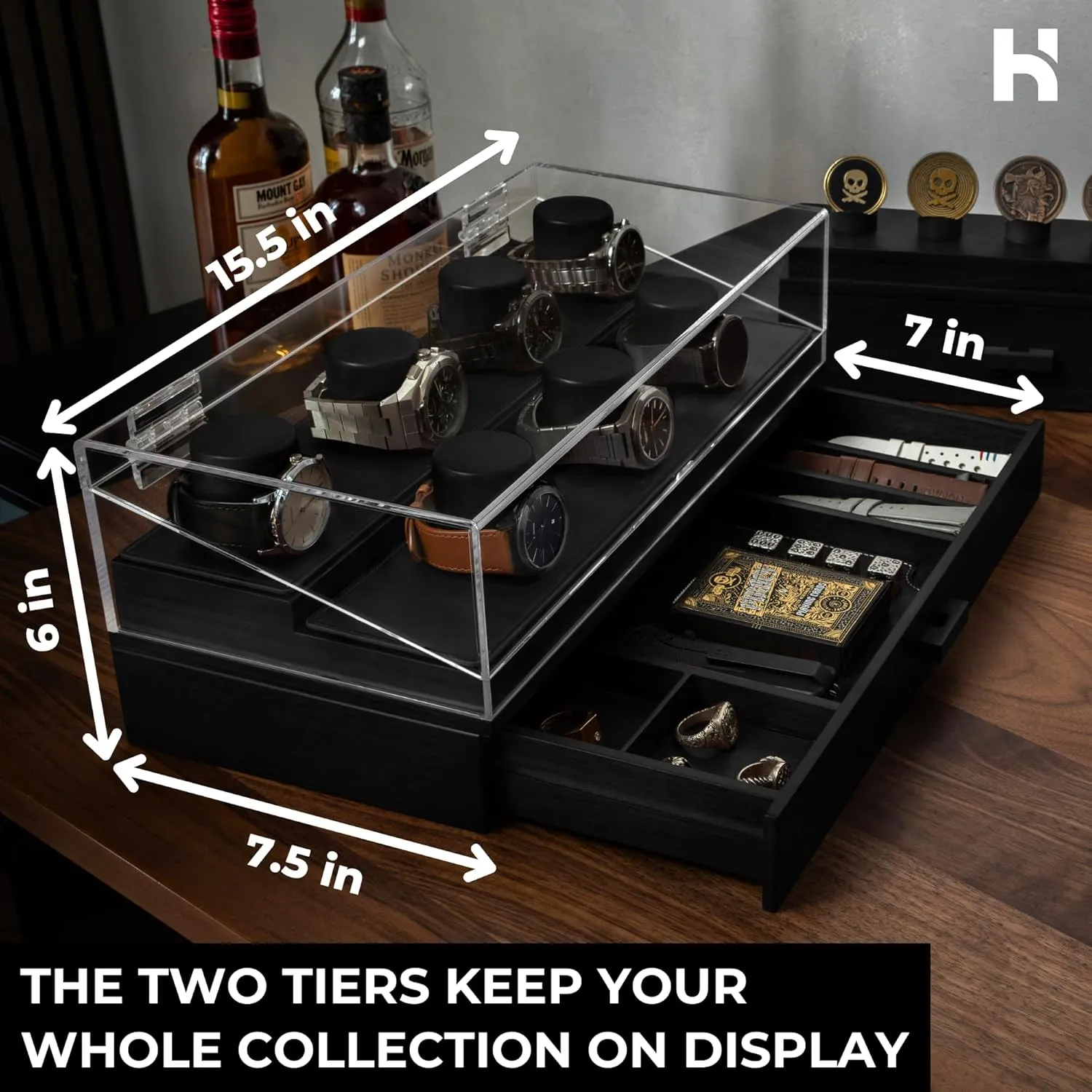 Accessory Drawer$ Hinged combat Cover$ Leather Lining �C Birthday Gift for Men �C Luxury Built to Last Holme & Hadfield Premium 7-Slot Wooden Watch Display Case �C Large Handcrafted Men��s Watch Box with 