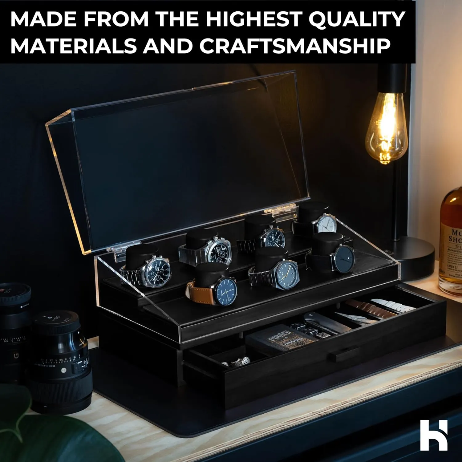 Accessory Drawer$ Hinged combat Cover$ Leather Lining �C Birthday Gift for Men �C Luxury Built to Last Holme & Hadfield Premium 7-Slot Wooden Watch Display Case �C Large Handcrafted Men��s Watch Box with 