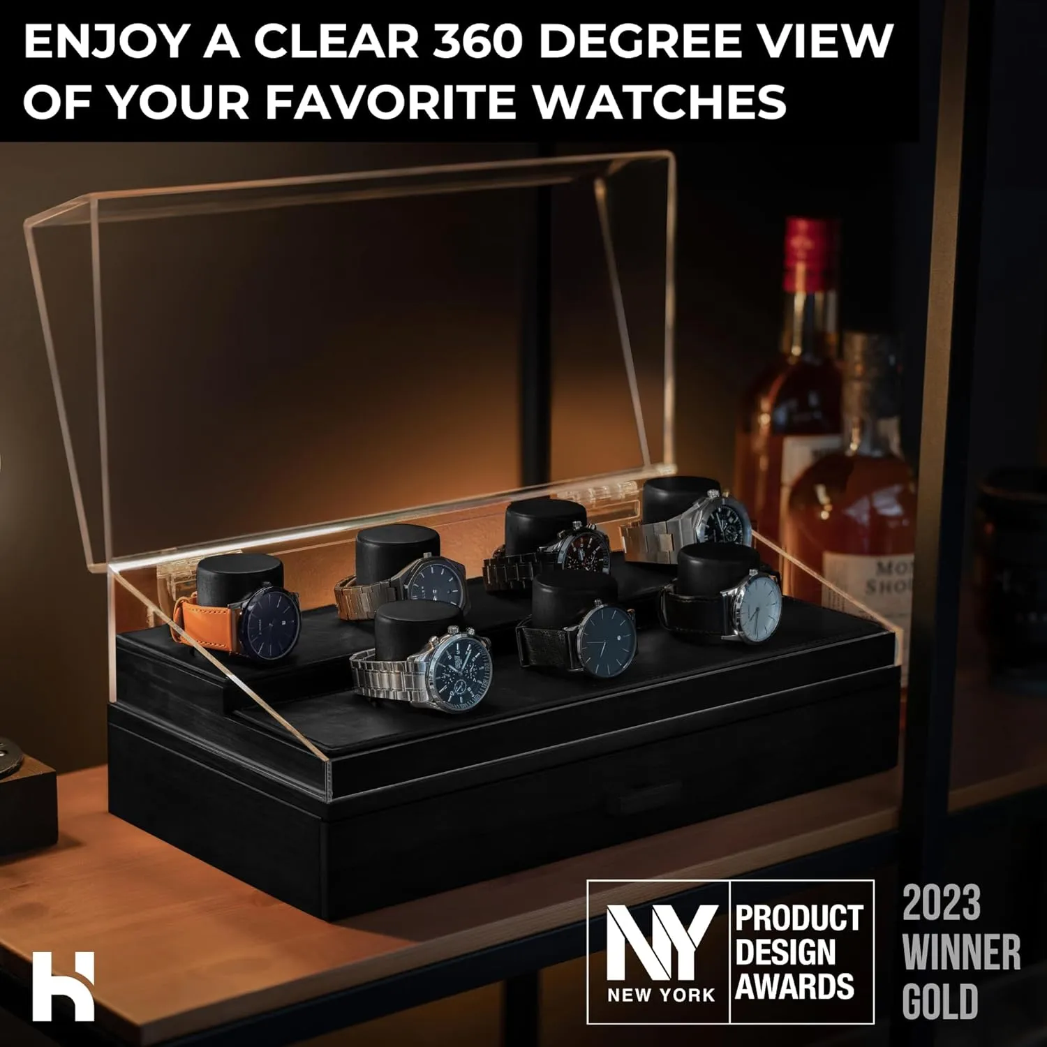 Accessory Drawer$ Hinged combat Cover$ Leather Lining �C Birthday Gift for Men �C Luxury Built to Last Holme & Hadfield Premium 7-Slot Wooden Watch Display Case �C Large Handcrafted Men��s Watch Box with 