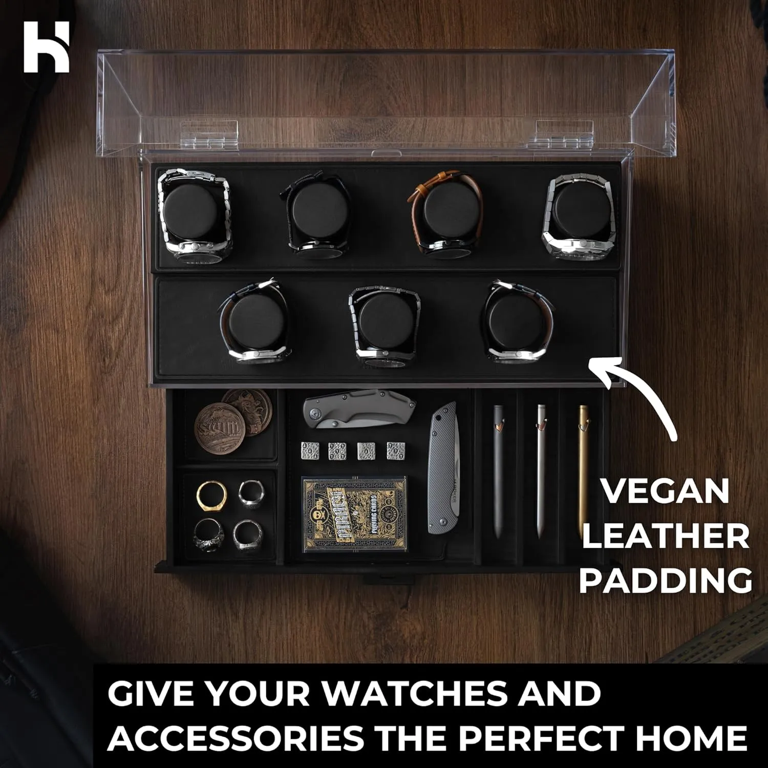 Accessory Drawer$ Hinged combat Cover$ Leather Lining �C Birthday Gift for Men �C Luxury Built to Last Holme & Hadfield Premium 7-Slot Wooden Watch Display Case �C Large Handcrafted Men��s Watch Box with 