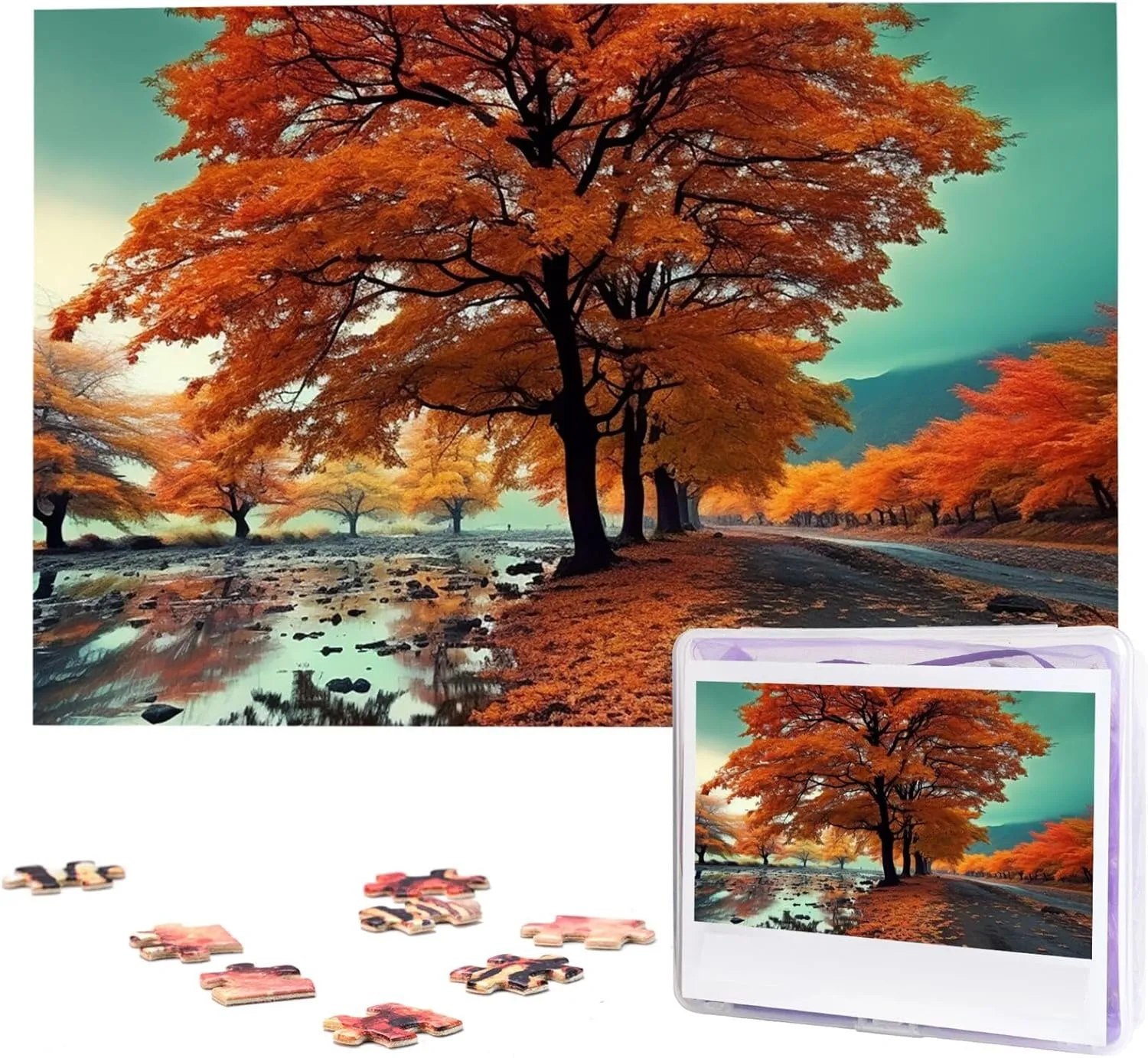 Adults (29.5" x 19.7") Maple naturalism dominate solitary Tree in Autumn Puzzles 1000 Pieces Wooden Jigsaw Puzzle Personalized Picture Puzzles Family Decoration Photo Puzzle for 