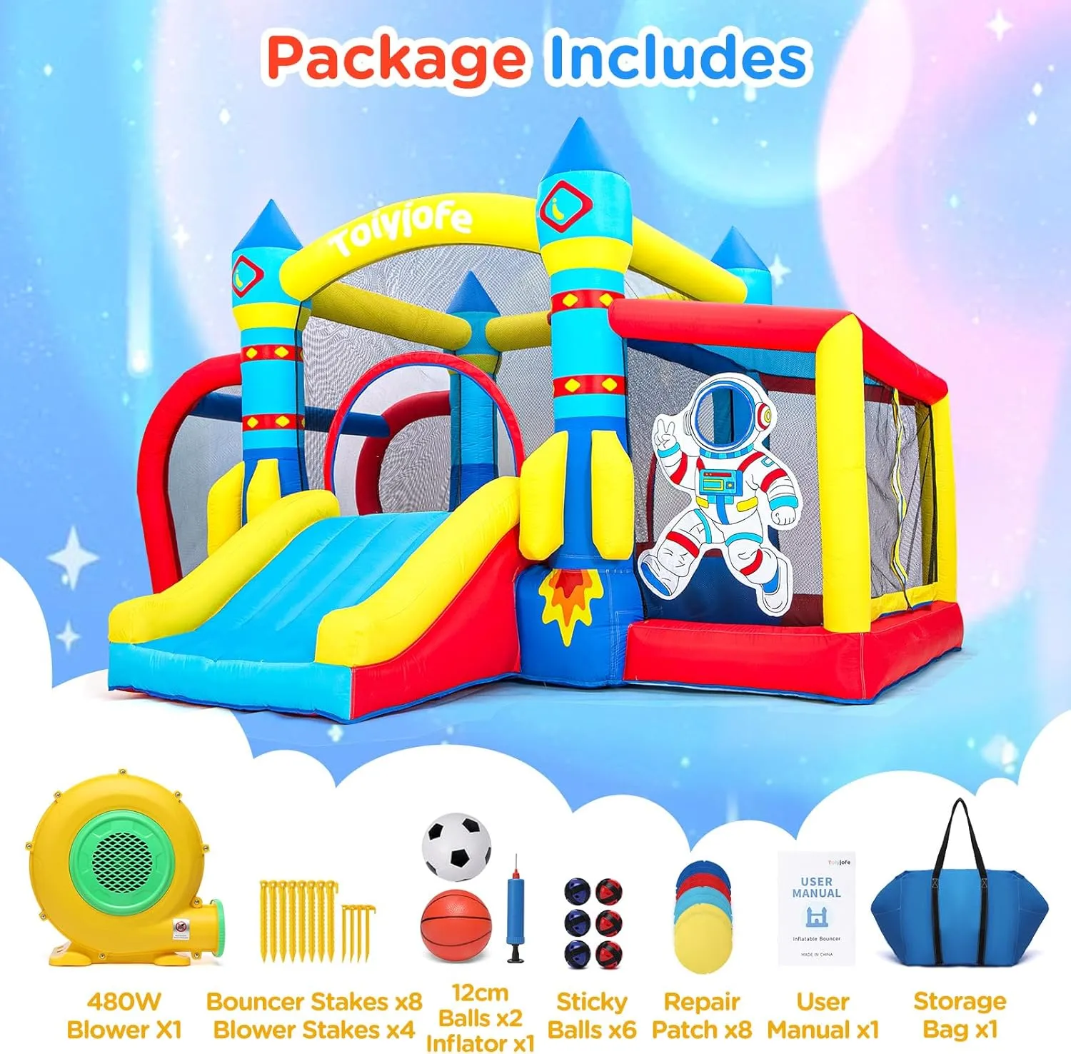 Air Blower, Ball Pit, Indoor Outdoor Bouncy House Birthday Party for Kids 3-8Y (11.5FT crawl X 10FT X 7FT) Space Adventure Bounce House, 7-in-1 Rocket Astronaut Theme Inflatable Castle with Slide, 