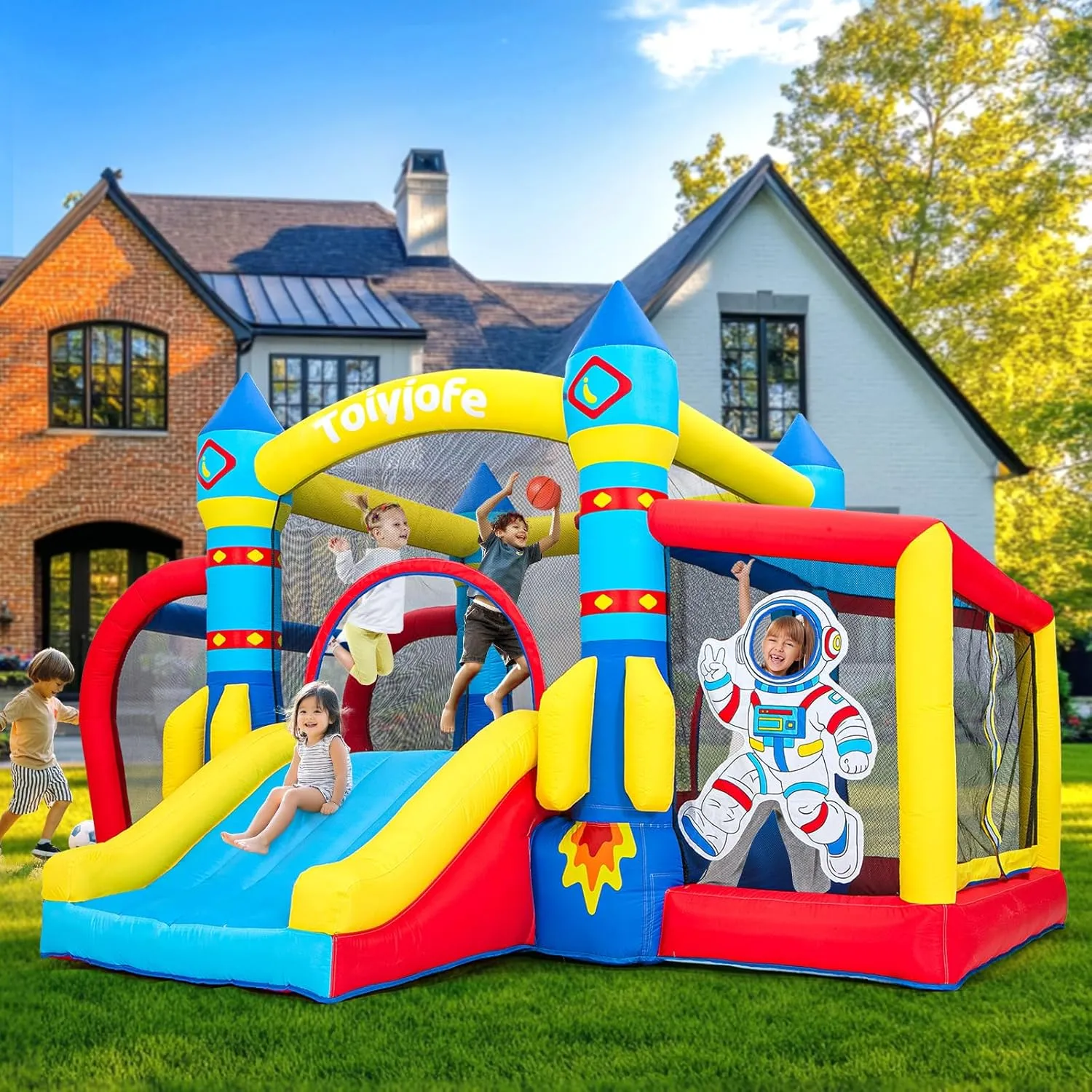 Air Blower, Ball Pit, Indoor Outdoor Bouncy House Birthday Party for Kids 3-8Y (11.5FT crawl X 10FT X 7FT) Space Adventure Bounce House, 7-in-1 Rocket Astronaut Theme Inflatable Castle with Slide, 