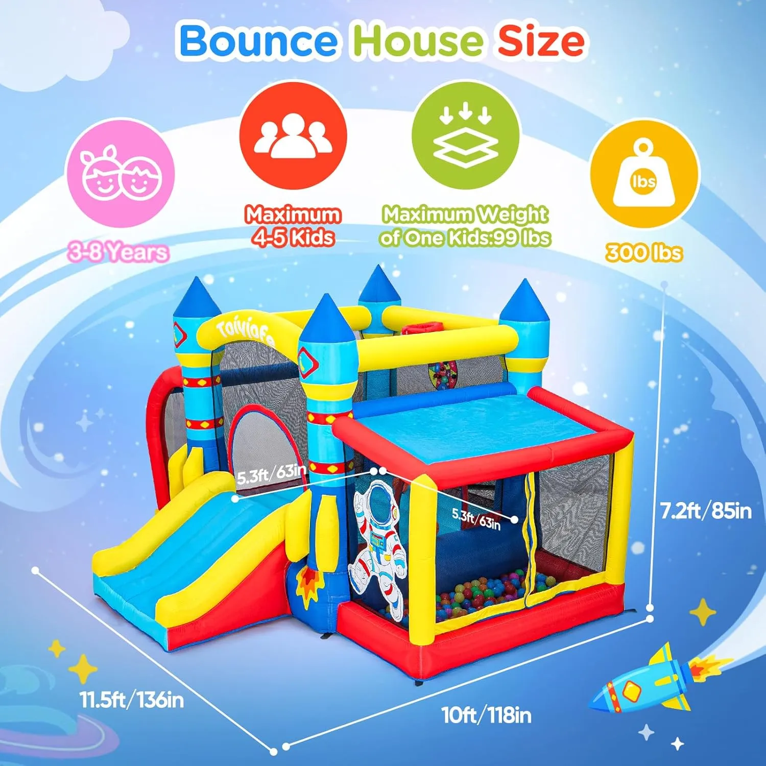 Air Blower, Ball Pit, Indoor Outdoor Bouncy House Birthday Party for Kids 3-8Y (11.5FT crawl X 10FT X 7FT) Space Adventure Bounce House, 7-in-1 Rocket Astronaut Theme Inflatable Castle with Slide, 