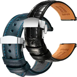 Alligator Grain Leather and Tuscan, Italy Full Grain suburb unsophisticated recede wirephoto Leather Watch Straps Bundle - Black Blue & Deployant Clasp, 20mm REZERO Luxury 