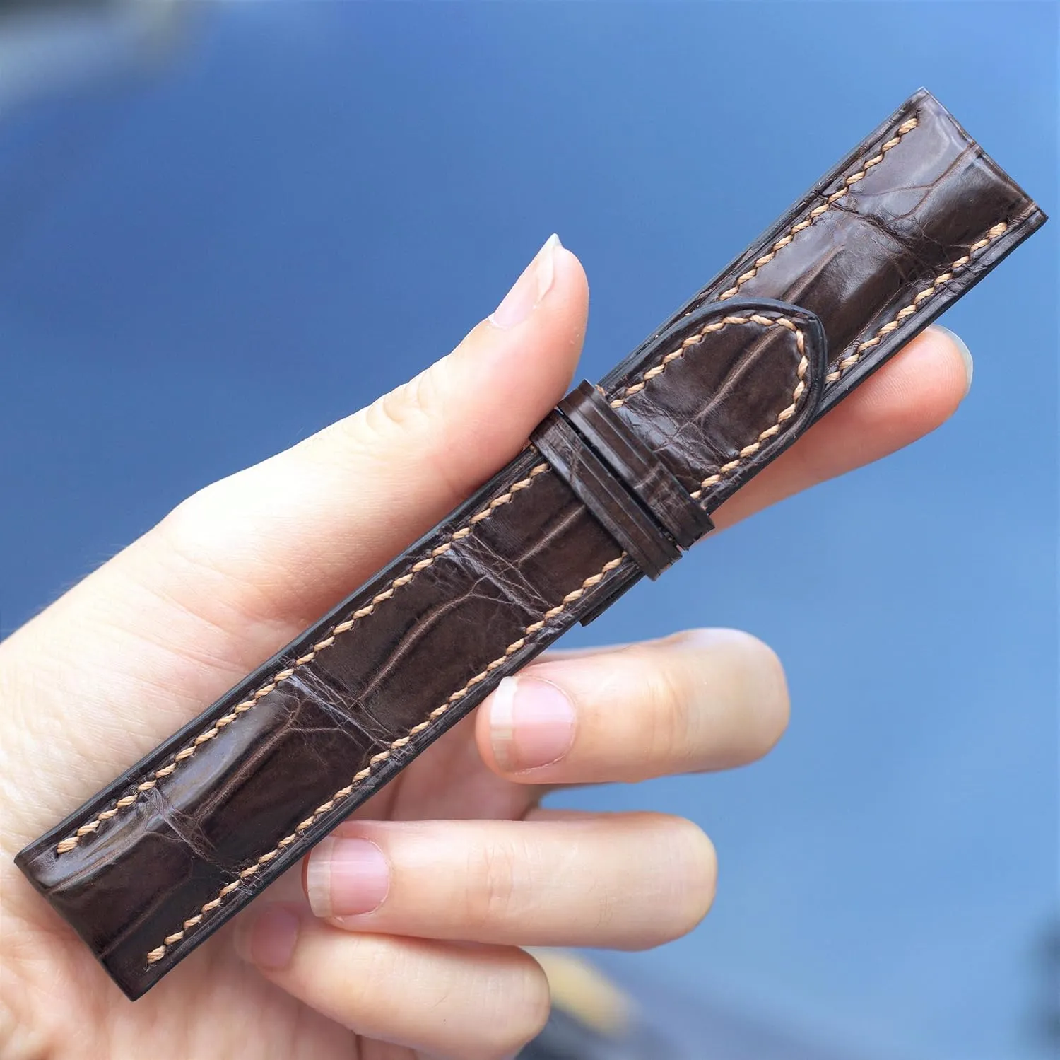 alligator watch strap handmade watch bands 18mm leather watch strap 24mm, 23mm, 22mm, 21mm, 20mm, 19mm (With Steel Folding Clasp, 17mm) Alligator leather watch band image acumen cavalry brown 