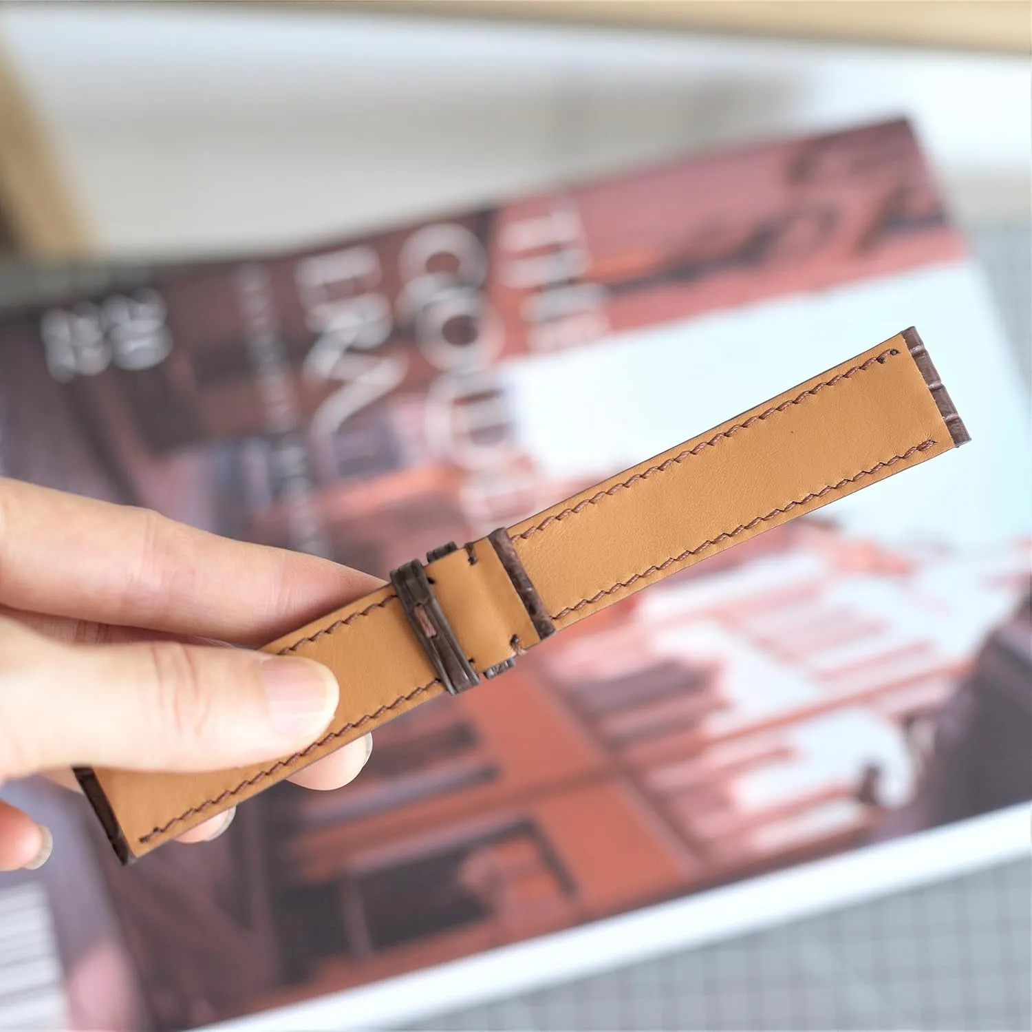 alligator watch strap handmade watch bands 18mm leather watch strap 24mm, 23mm, 22mm, 21mm, 20mm, 19mm (With Steel Folding Clasp, 17mm) Alligator leather watch band image acumen cavalry brown 