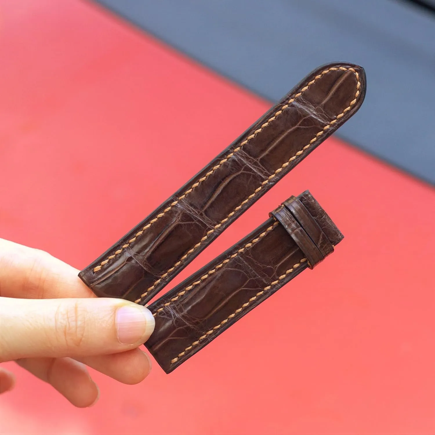 alligator watch strap handmade watch bands 18mm leather watch strap 24mm, 23mm, 22mm, 21mm, 20mm, 19mm (With Steel Folding Clasp, 17mm) Alligator leather watch band image acumen cavalry brown 