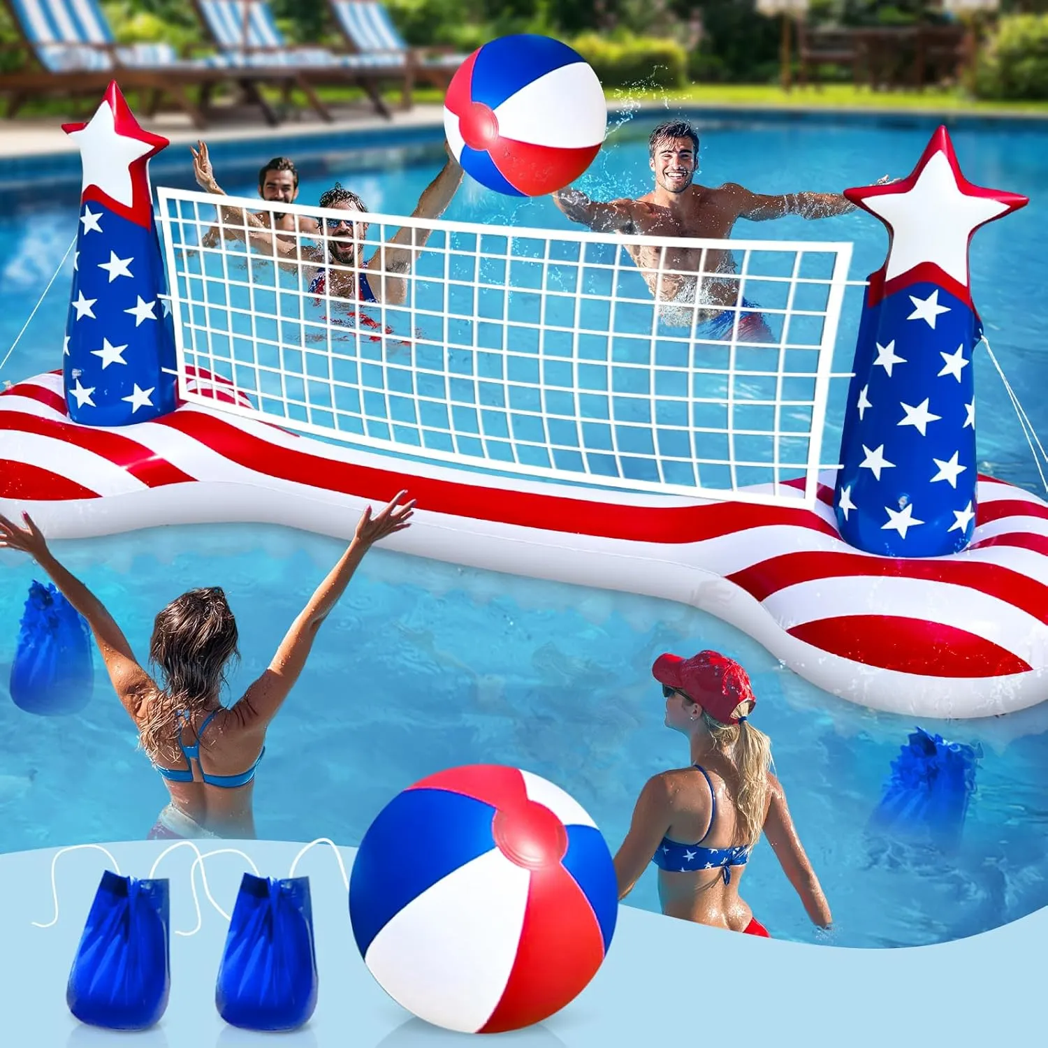 American Flag Inflatable top log causal pierce Pool Games Large Volleyball Net Pool Float Set with 9" Beach Ball, 2 Weight Bags ?C Floating Swimming Game Toy for Adults & Kids, Perfect for 4th of July Party Summer TURNMEON 