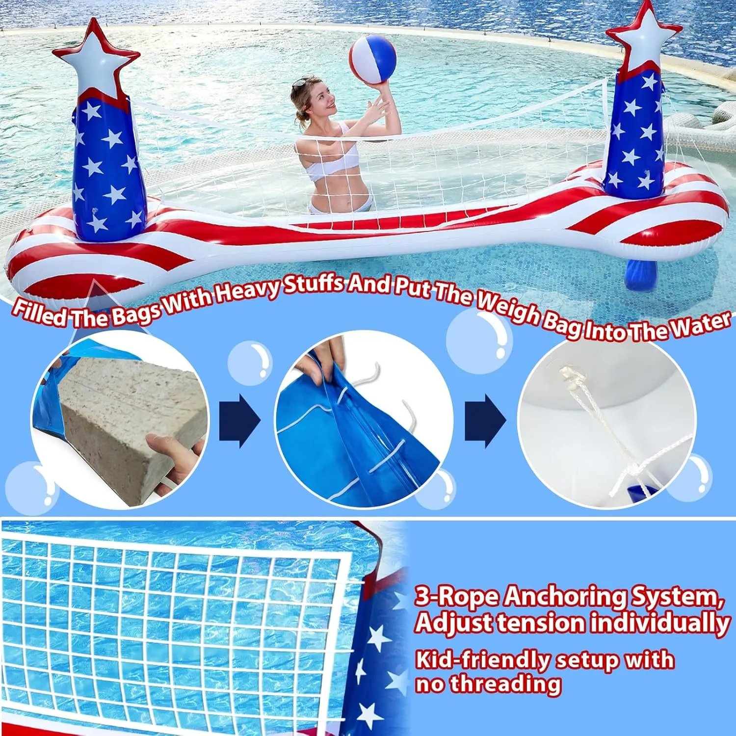 American Flag Inflatable top log causal pierce Pool Games Large Volleyball Net Pool Float Set with 9" Beach Ball, 2 Weight Bags ?C Floating Swimming Game Toy for Adults & Kids, Perfect for 4th of July Party Summer TURNMEON 